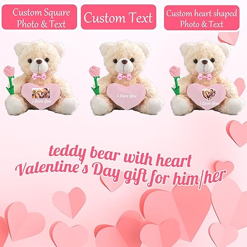 Miniatura 2 de Oso de peluche personalizado con foto y texto personalizado en el corazón, oso de peluche de San Valentín con lazo y rosa como regalo Im Sorry para