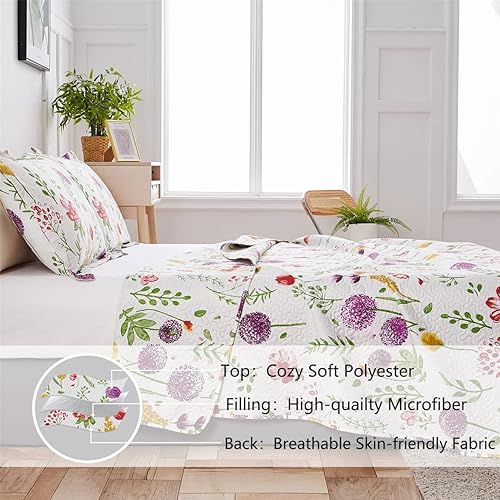 Miniatura 3 de Ropa de cama con plantas, hojas y flores de diente de león tamaño matrimonialqueen, liviana, para verano, púrpura, rojo, verde, amarillo cubrecama