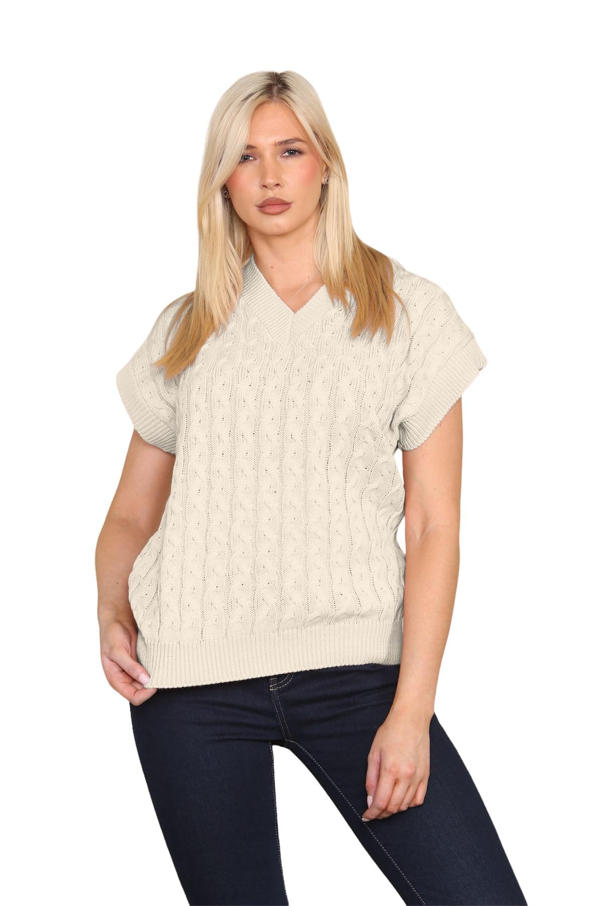 Hamishkane Women's Stone Hamishkane® Cable Knitted Vest, V Neck Tank Top, Pullover Sweater Vest, Sleeveless Jumper, Casual Warm Chunky Knit Jumper, Loose Winter Jumper, Baggy Jumpers Uk