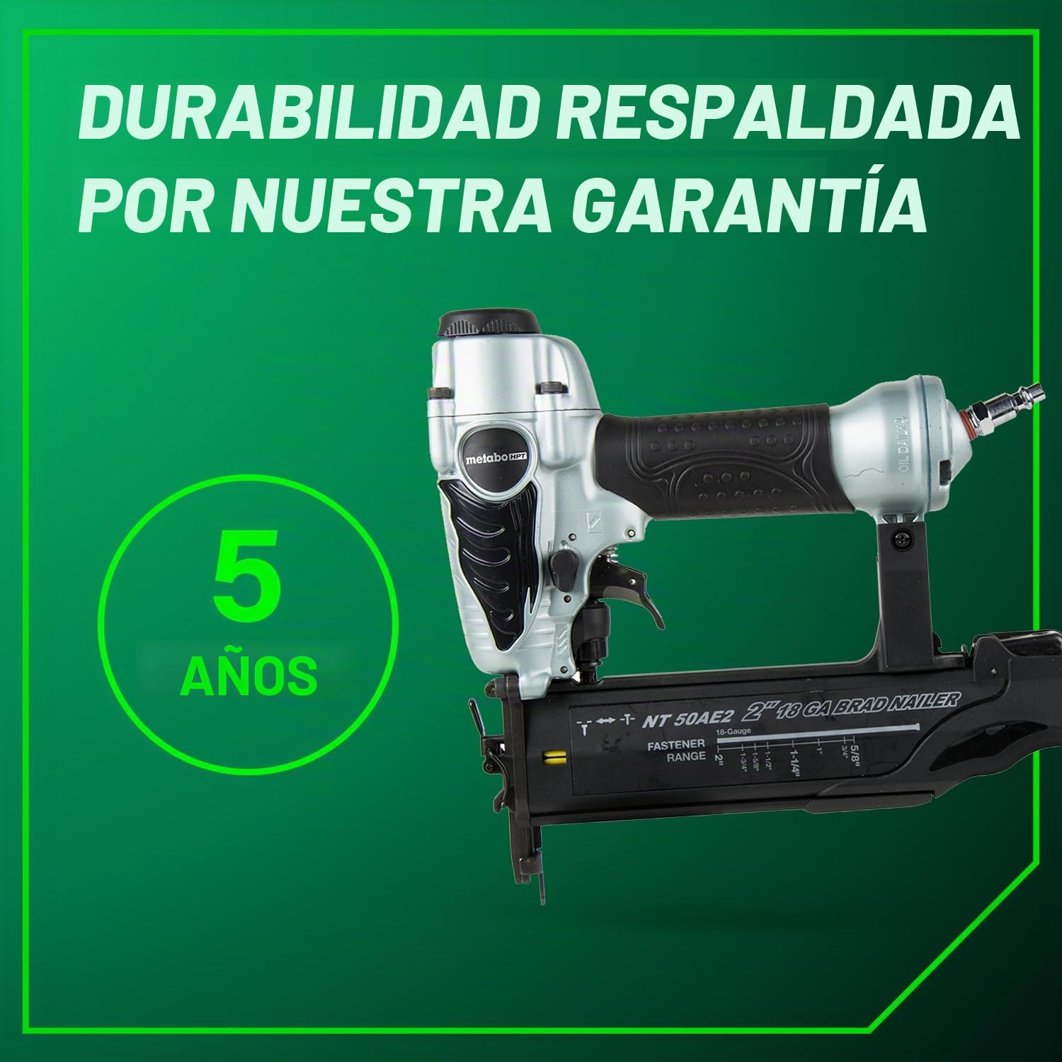 Metabo HPT Clavadora Brad NT50AE2 - Clavadora neumática ligera para trabajos de corte de precisión y construcción de muebles, profundidad ajustable, calibre 18, clavos de 5/8 pulgadas hasta 2 pulgadas