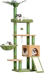 Heybly Árvore para gatos, torre para gatos de 166 cm para ambientes internos, condomínio com folhas, cesta, folha, tigela de alimentação, móveis modernos de pelúcia de vários níveis, arranhadores,