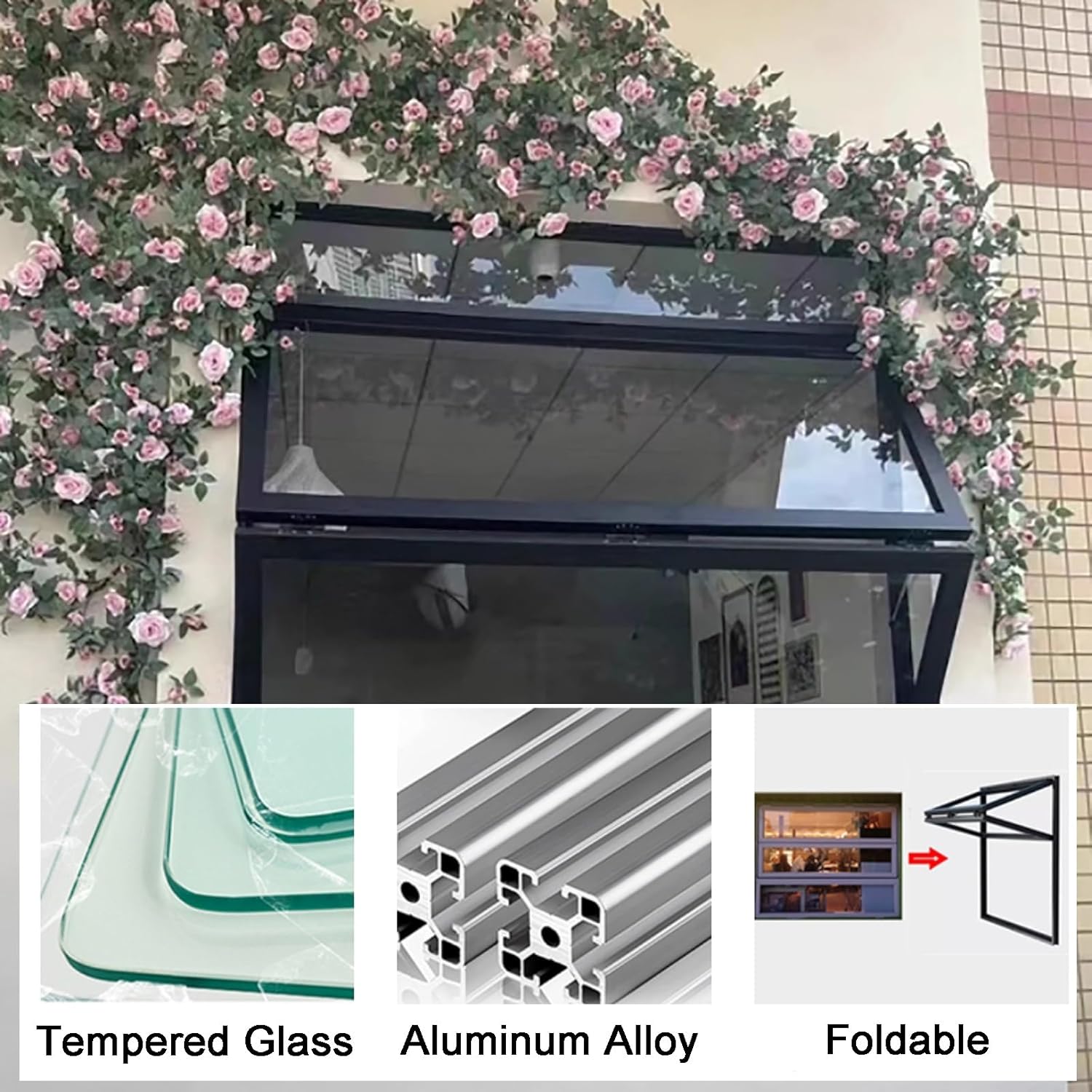 Folding Concession Serving Window with Glass & Lock – 70°Opening Vertical Sliding Double Hung Aluminum Frame Window for Food Truck, Business Kitchen Use(40x40in/102x102cm)