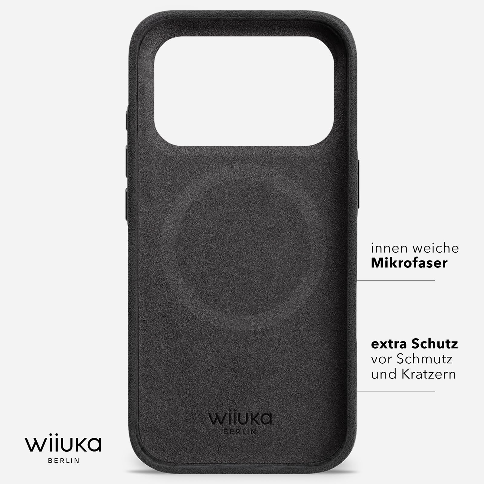 WIIUKA Hülle für iPhone 17 Pro, original Alcantara®, handgefertigt, 360° Schutz, extra schlank, Premium Handyhülle, Case, Qi, Leder-Alternative, skiin VL Alcantara®, Schwarz