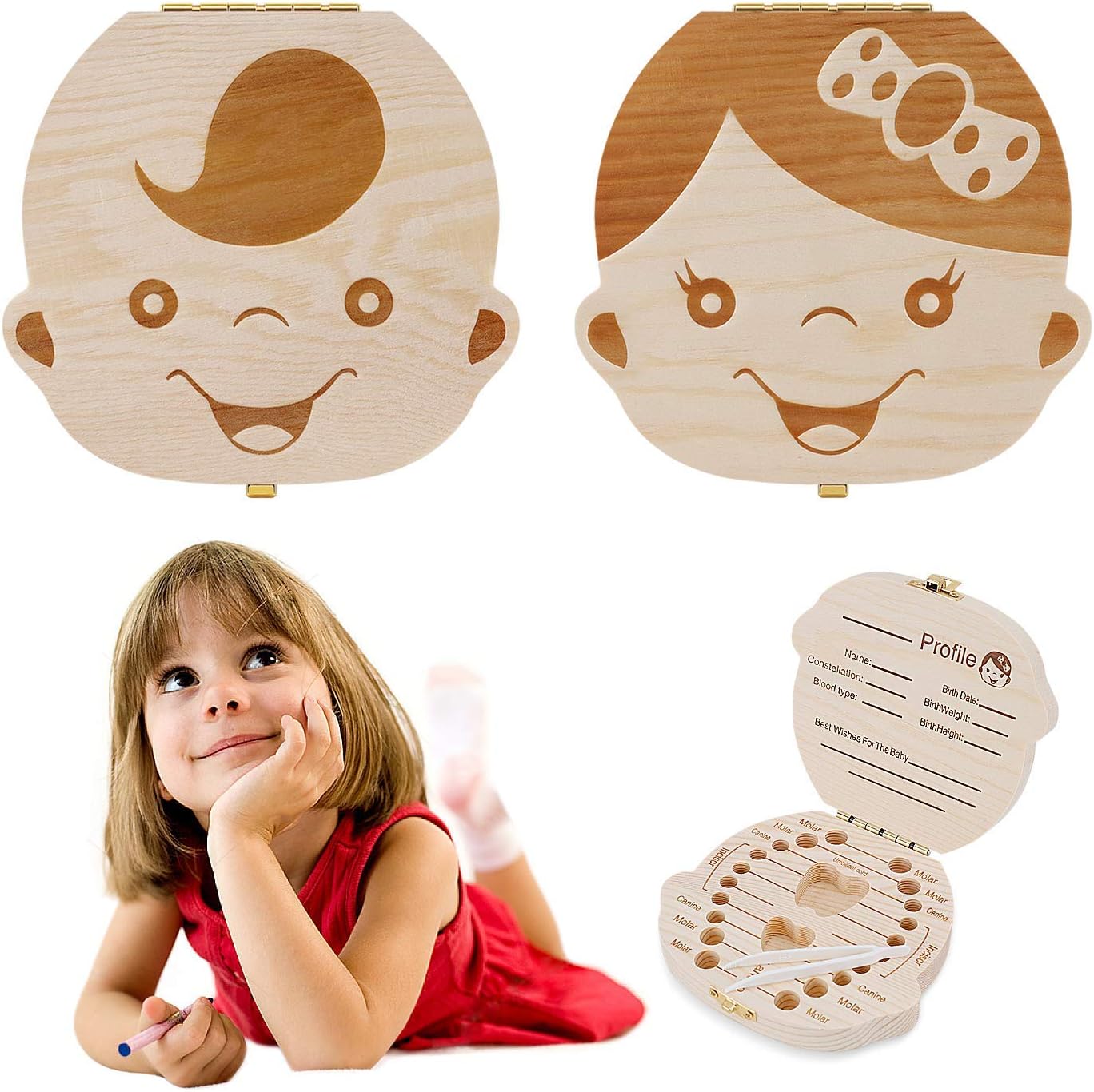 Baby Teeth Keepsake Box, Wooden Tooth Fairy Boxes, Child Kids Tooth Storage Holder Organizer - Girl