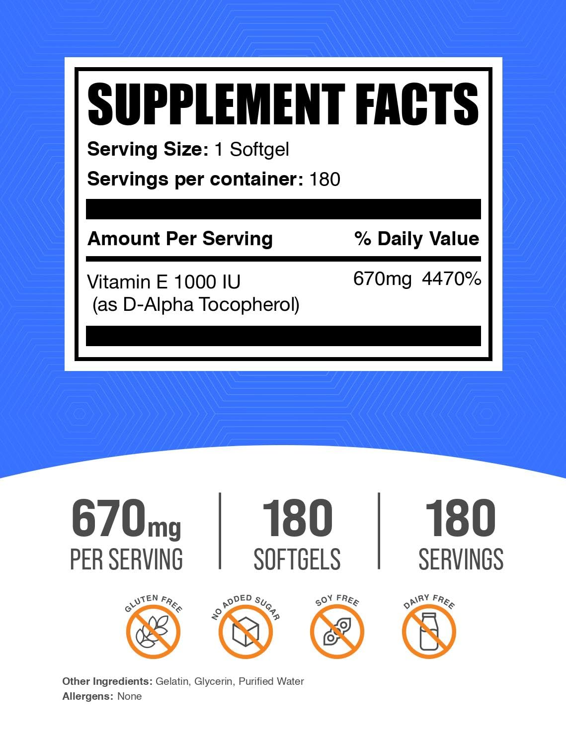 BulkSupplements.com Vitamin E 1000 IU Softgels - Vitamin E Supplement, Essential Antioxidant Support - Gluten Free, 1 Softgel per Serving, 180 Count (Pack of 1) — Amazon image 2