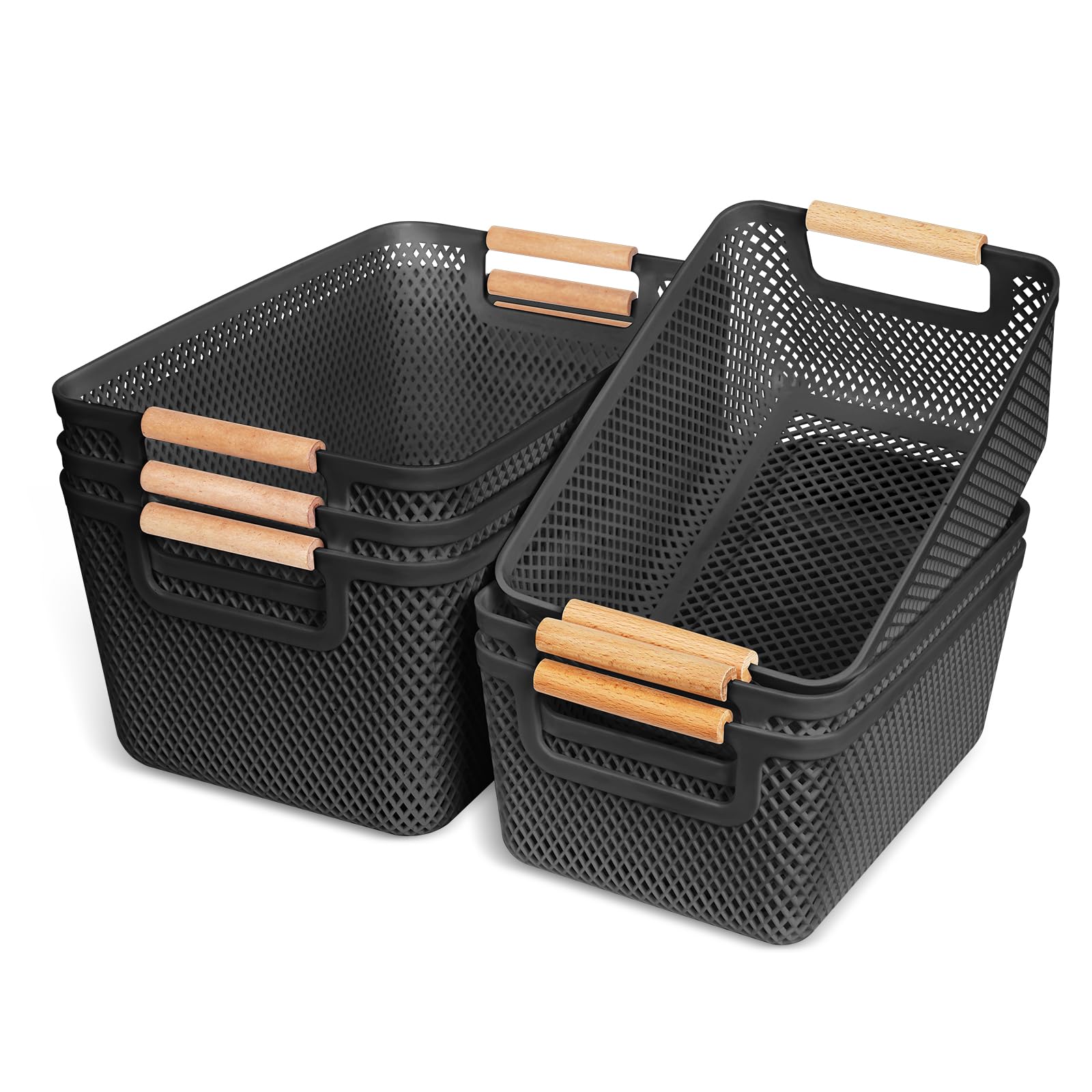 OSTWOLKE 6 Stück Aufbewahrungsbox Kunststoff Schwarz, Aufbewahrungsboxen ohne Deckel, Atmungsaktiv Aufbewahrungskorb mit Griffen aus Massivholz, Boxen Aufbewahrung Plastikbox für Badezimmer Küche