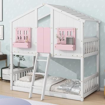 Twin Over Twin Bunk Bed with Storage Window Box, House Shaped Floor Bunk Bed Frame with Headboard and Ladder, Space Saving for Boys, Girls, Kids, Adults, Easy Assembly, Pink
