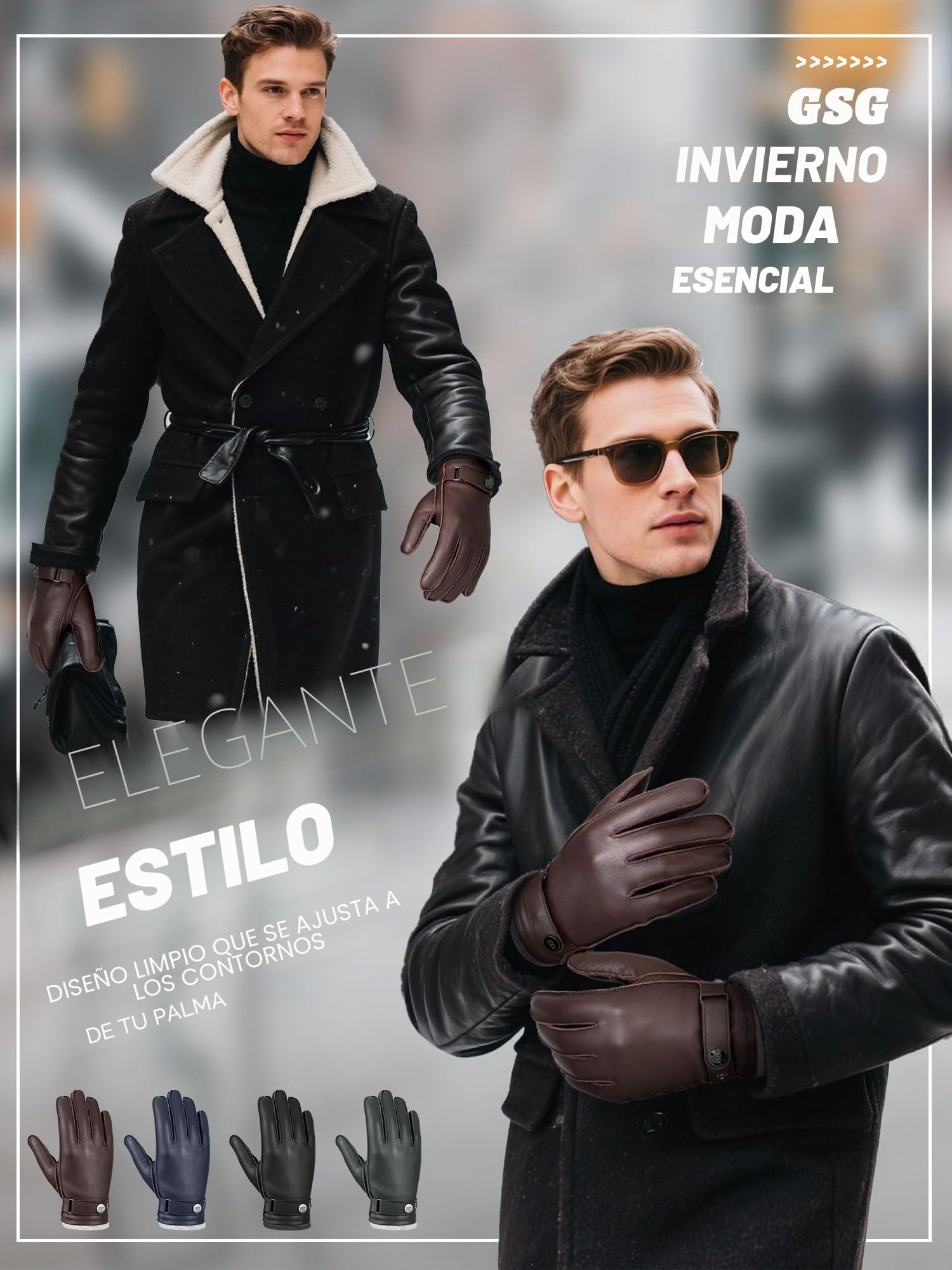 GSG SINCE 1998 Guantes de Cuero Hombre | Piel de Oveja, Compatibles con Pantalla Táctil, Forro de Lana, Guantes de Invierno Cálidos para