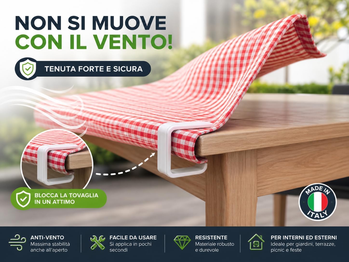 Set 8 Fermatovaglie in Plastica Bianca Made in Italy – Clip Ferma Tovaglia Resistenti, Adatti a Tavoli da 1 a 2,5 cm, per Casa, Ristorante, Catering ed Eventi