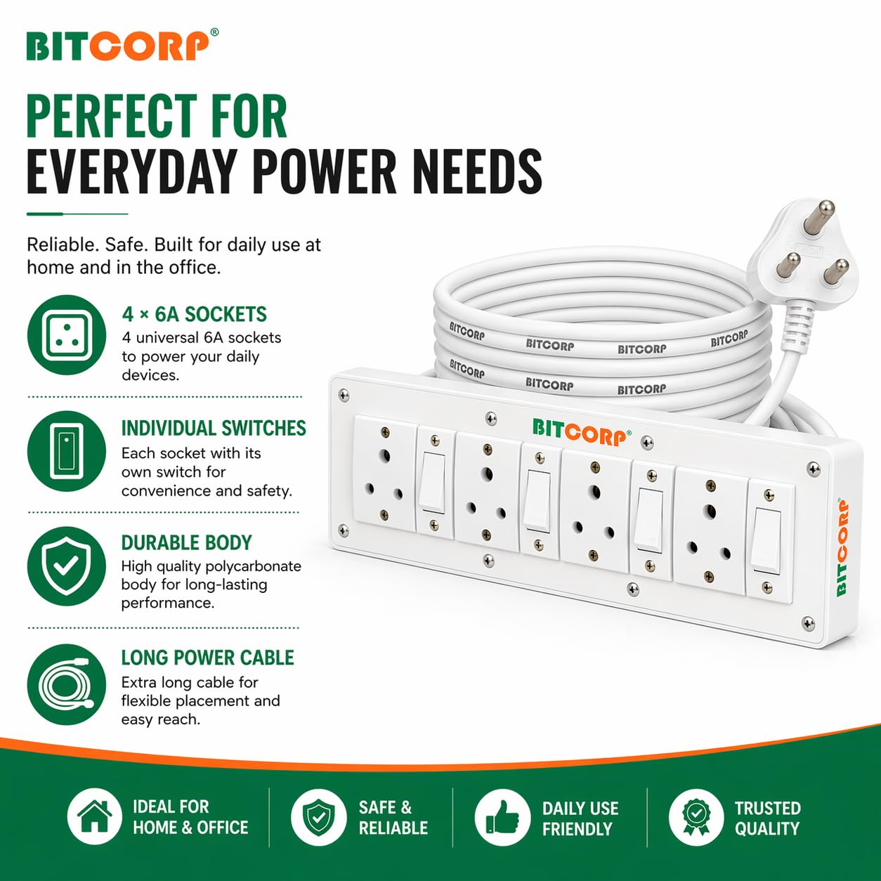 BITCORP 6A Extension Board - 4 Outlets, 1500W -2