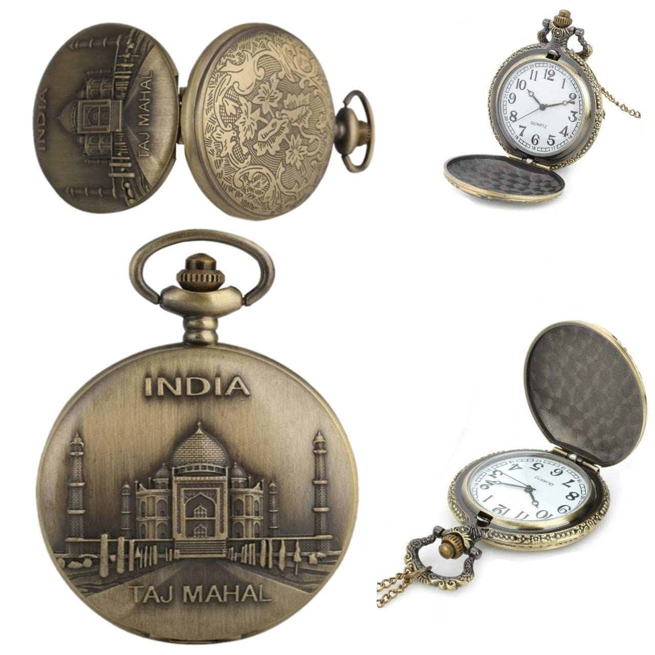 Gold Time Pocket Watch Gift | Taj Mahal Embossing | Numerical Dial | Metal Keychain Design | Bronze | Vintage | Antique Style Unisex Watch for Men Woman (B09PMXYP58) Amazon Price History, Amazon Price Tracker
