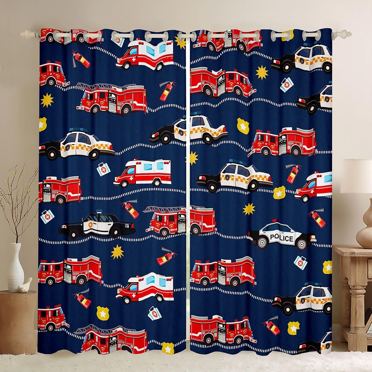 Fire Truck Car Darkening Drapes Firefighter Curtains Bedroom Living Room Police Car 30%-50% Blackout Curtains Kids Boys Girls Ambulance Window Treatments Firemen Car Vehicle (2 Panels, 42 x 63 Inch)