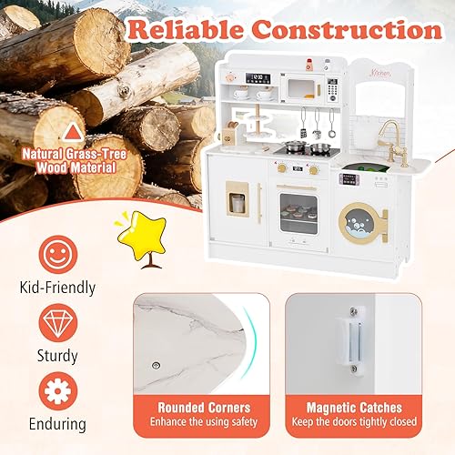 Miniatura 8 de Costzon Juego de cocina para niños, juego de madera para niños pequeños con luces y sonidos reales, grifo, horno de microondas, máquina de café,