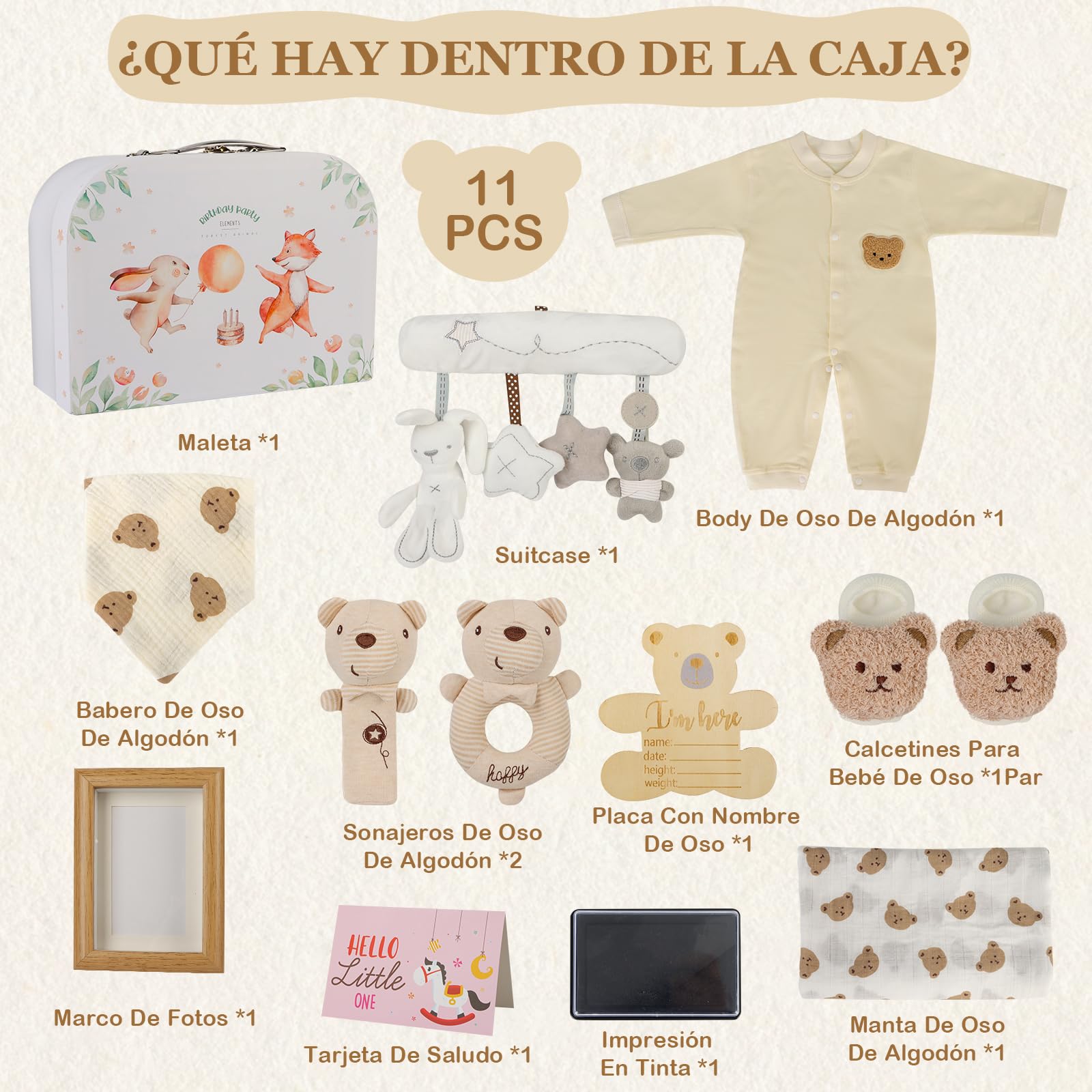 IEEILULU Regalo Bebe Recien Nacido, Canastilla Bebe Recien Nacido, Baby Shower Niño Niña, Bebe Regalo Set con Mameluco Bebe, Bebe Sonajero, Calcetines