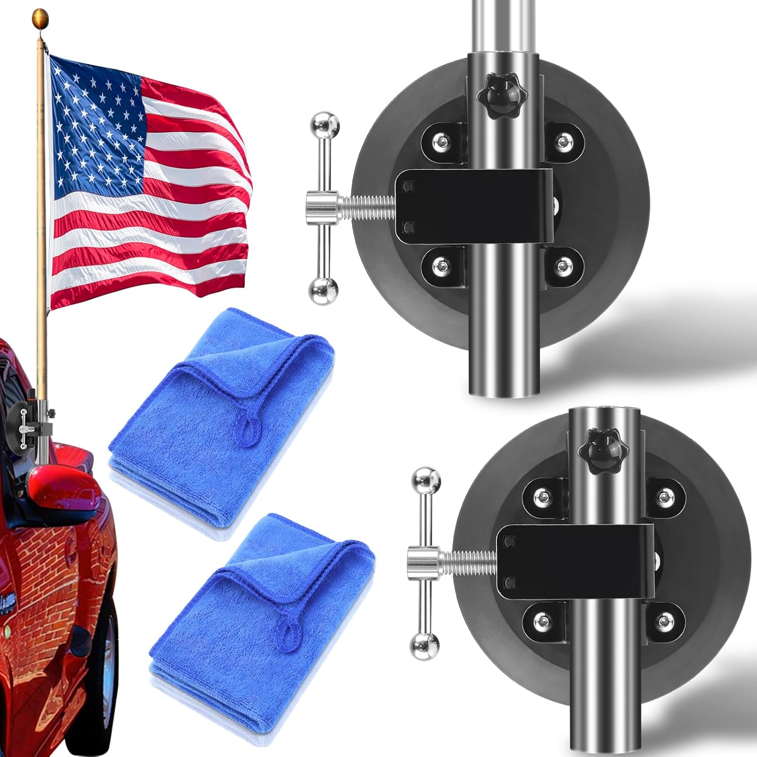 Hlogree 2PCS Car Flag Pole Holder with a Towel, Suction Cup for RV & Car, 360LBS Wind Load Limit