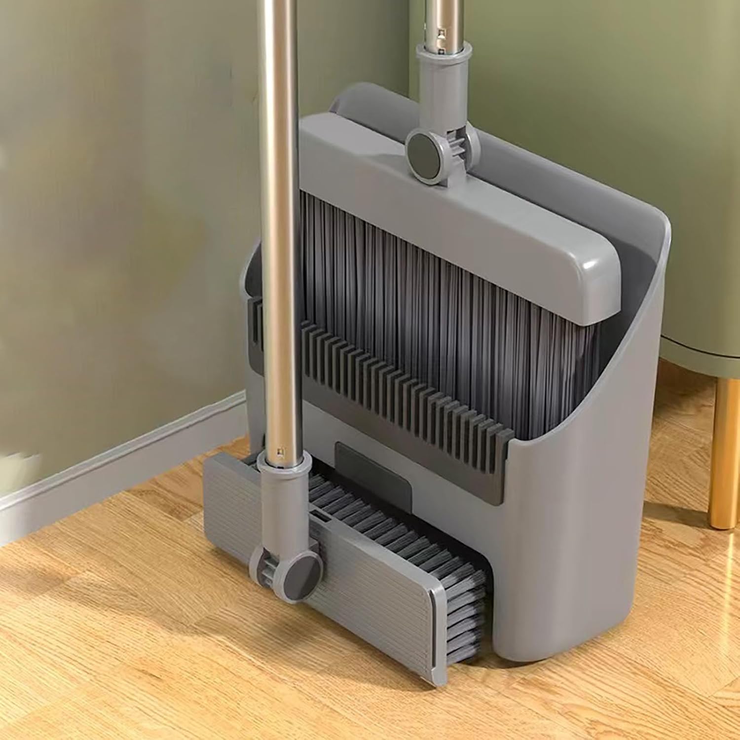 Folding Broom and Dustpan Set, Long-Handled Sweeper with 180° Swivel Head and Scratching Teeth, Suitable for Home and Office Use Black