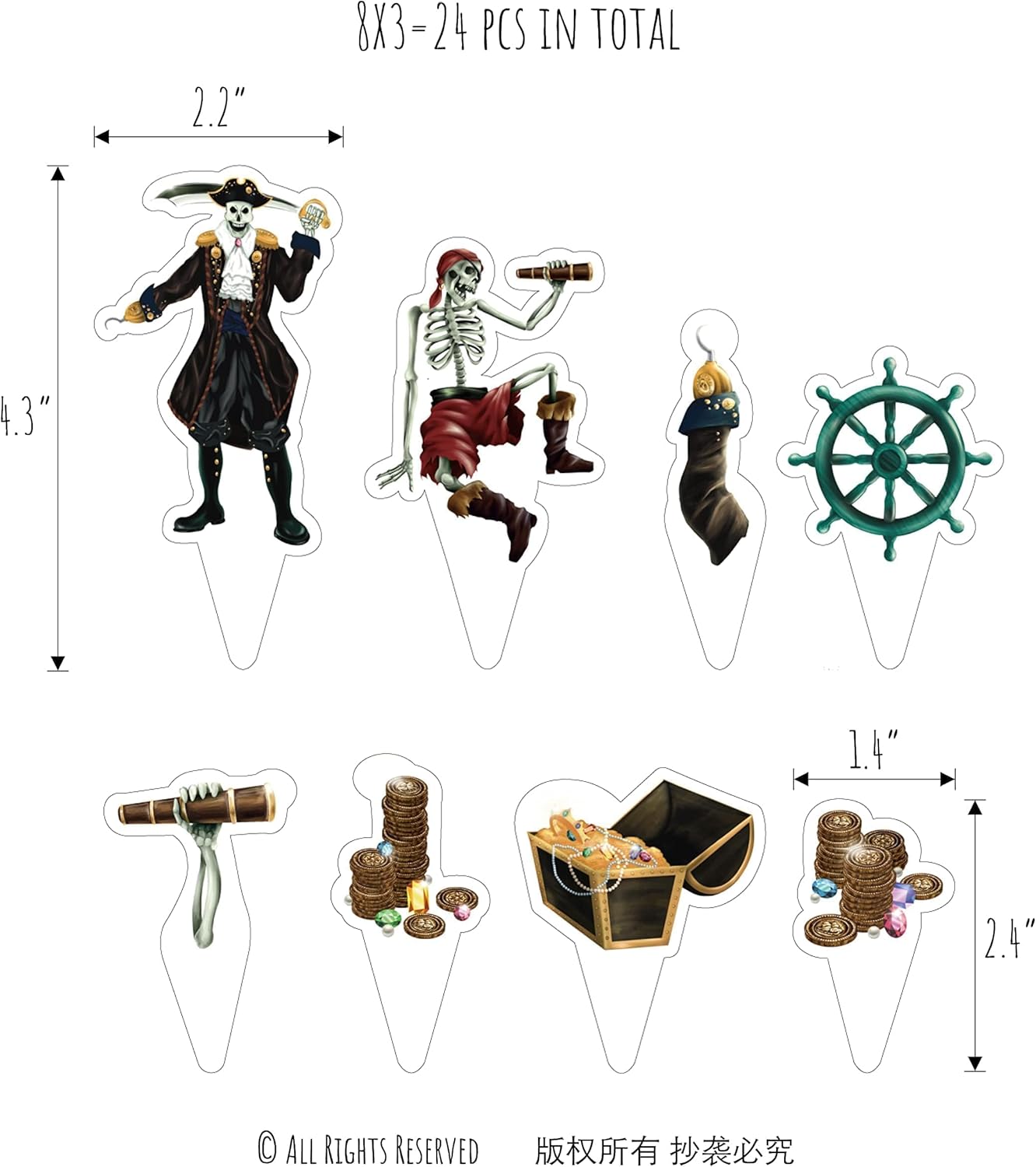 Cheerland 24 Pcs Skeleton Pirate Cupcake Toppers Halloween Caribbean Pirate Cake Decorations Skull Skeleton Treasure Chest Captain Hook Ship Under The Sea Pirate Themed Birthday Party Supplies - Image 2