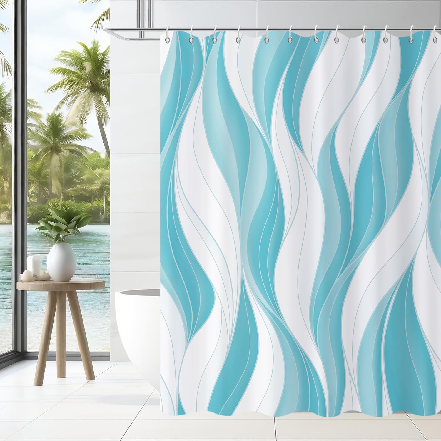GCIREC Shower Curtain, 180x240cm, Modern Abstract Sky Blue White Ombre Striped Minimalist Art Waterproof Fabric Machine Washable Bathroom Curtain with Hooks