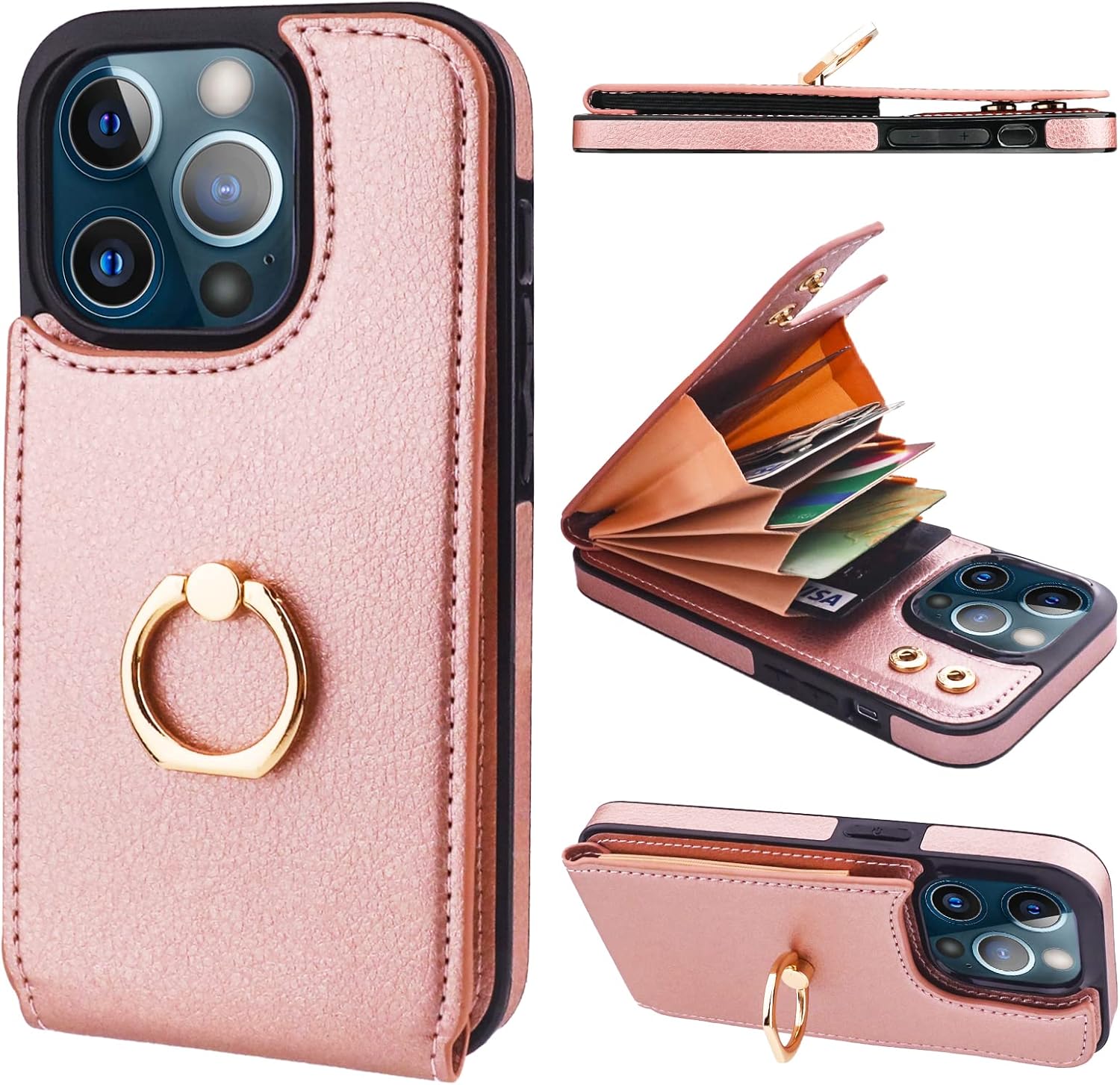 Folosu Compatible with iPhone 13 Pro Case Wallet with Card Holder, 360°Rotation Finger Ring Holder Kickstand Protective RFID Blocking PU Leather Double Buttons Flip Cover 6.1 Inch Rose Gold
