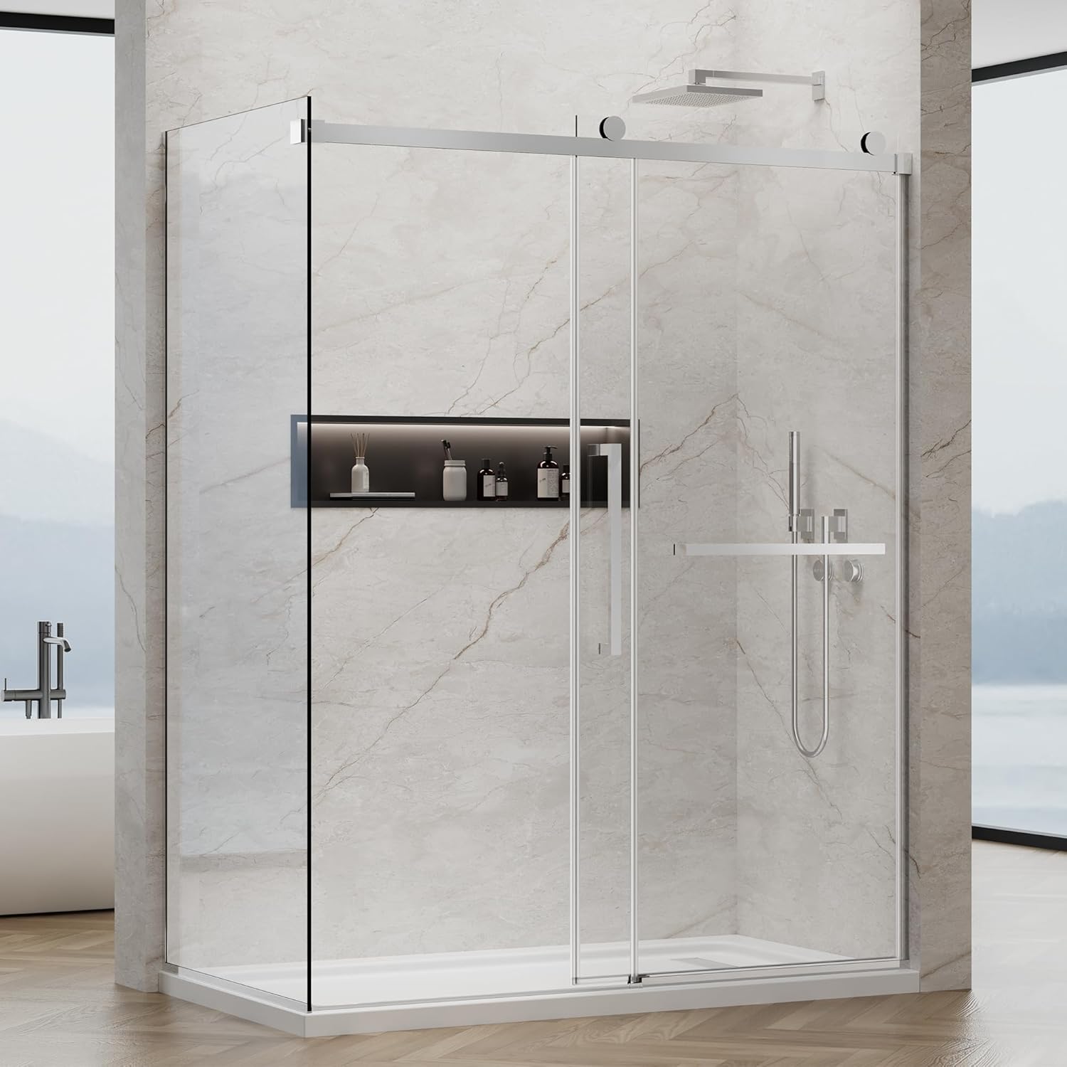 60x76 in Frameless Sliding Shower Door with 32x76 in Side Panel, Nano Glass, 304 Stainless Steel in Bright Chrome, L-Shape Design, Reversible Install - LFL-X51