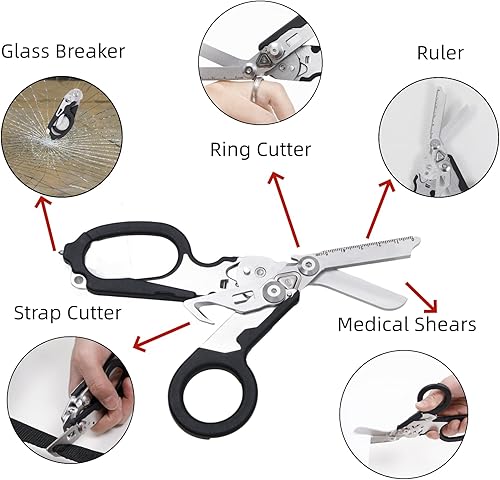 Miniatura 2 de Tijeras de trauma multiherramienta de emergencia, incluyendo tijeras de emergencia plegables, cortador de cinta, cortador de anillo, regla, llave de