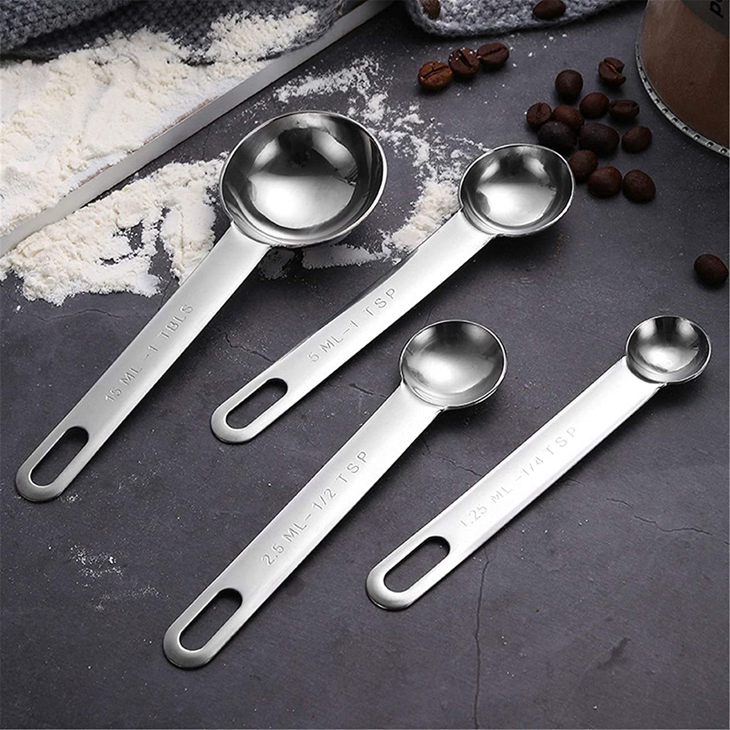 Messlöffel Edelstahl Messlöffel Messlöffel Set mit Skala Messbecher Messlineal Backwerkzeug Mehrzwecklöffel (Silber, 7PS) (Silber 4PS)
