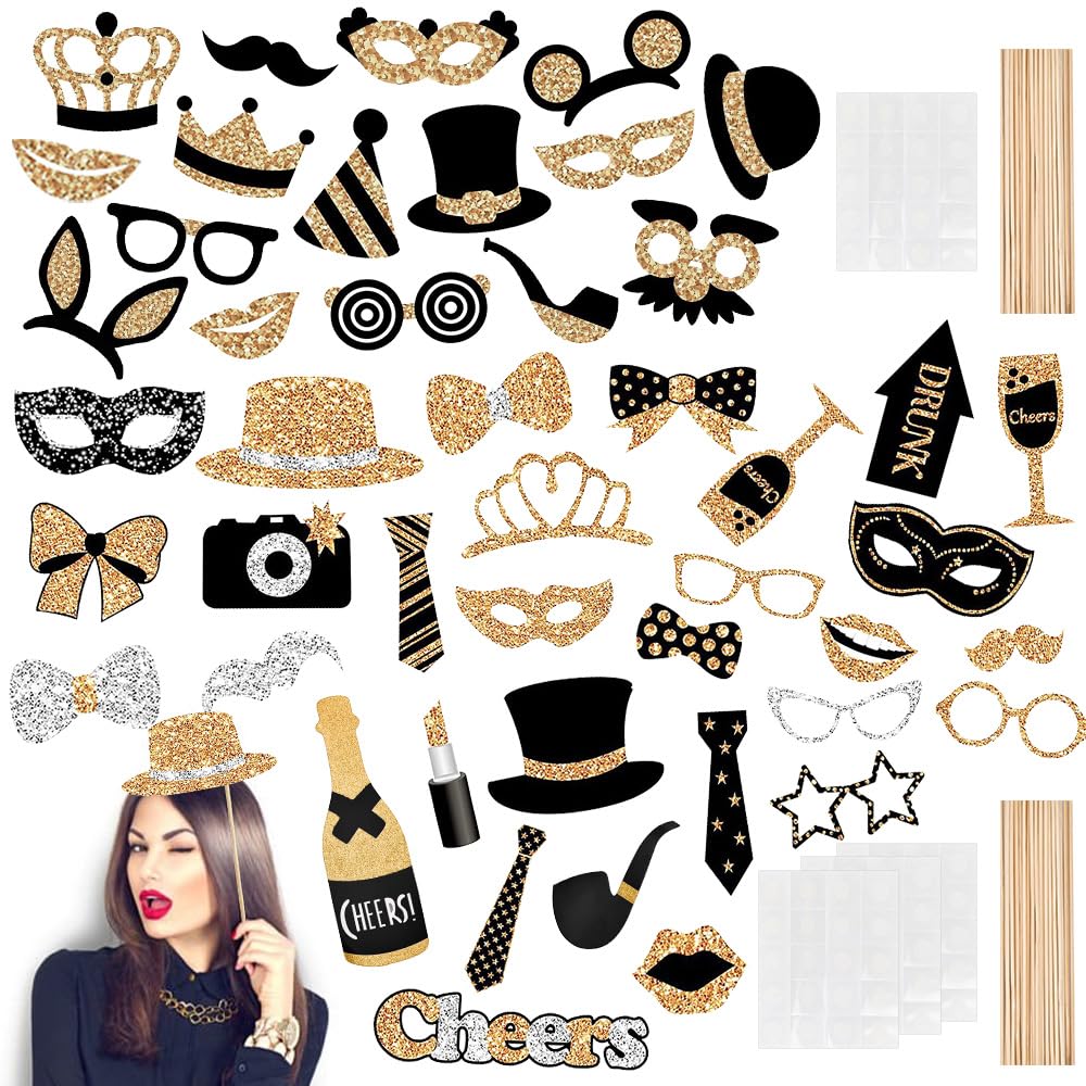 MININUSI 30 Pcs Foto Props de Fiesta Boda Accesorios Photocall Dorado Cosas para El Photocall Gafas Photocall Accesorios Fotomaton Cumpleaños Articulos para Photocall Boda Comunion + Palo, Adhesivos