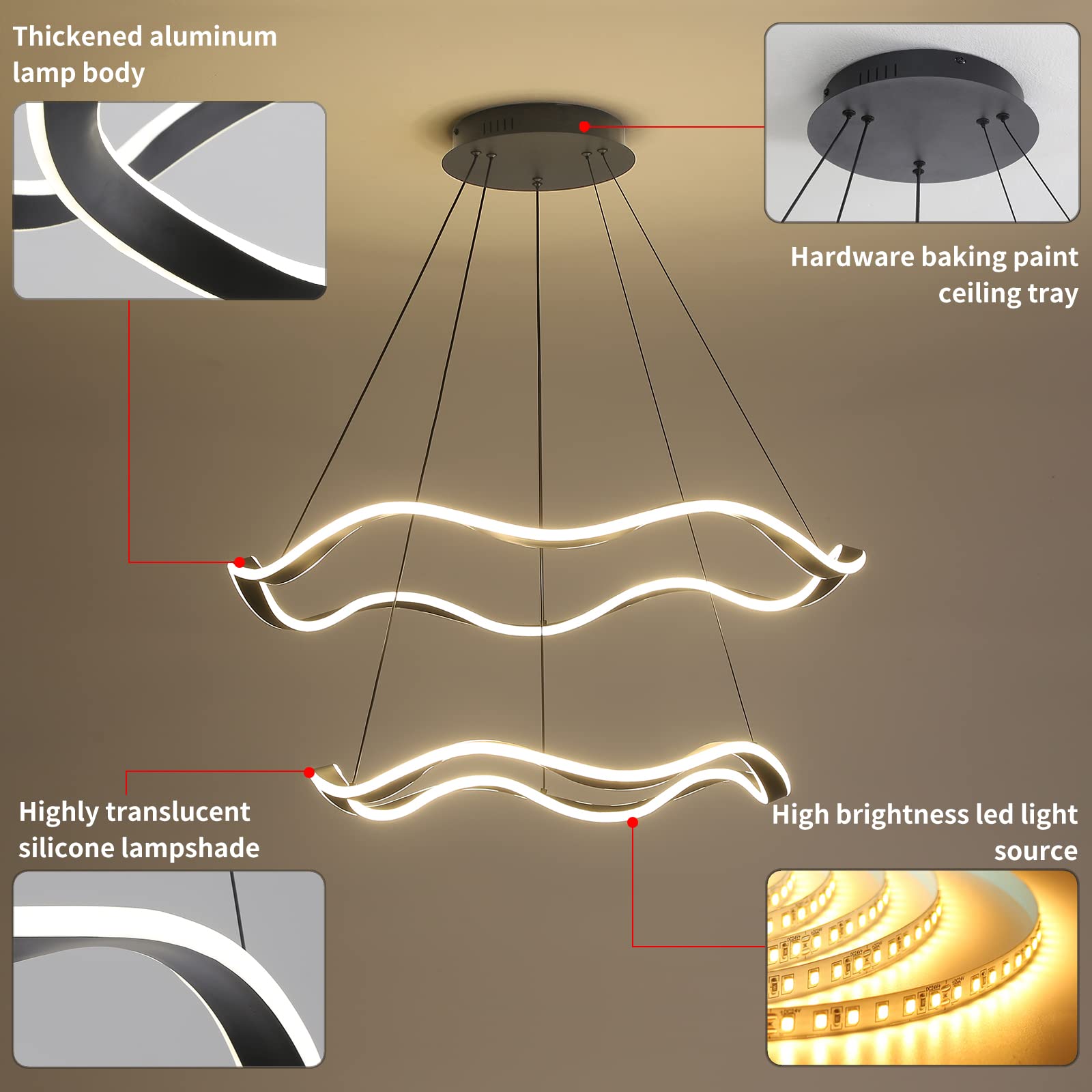 Modern Chandeliers for Dining Room, 2 Rings LED Chandeliers for Living Room, Indoor Ceiling Pendant Light Fixtures, Adjustable Height, 3000k-6500k Dimmable, Black