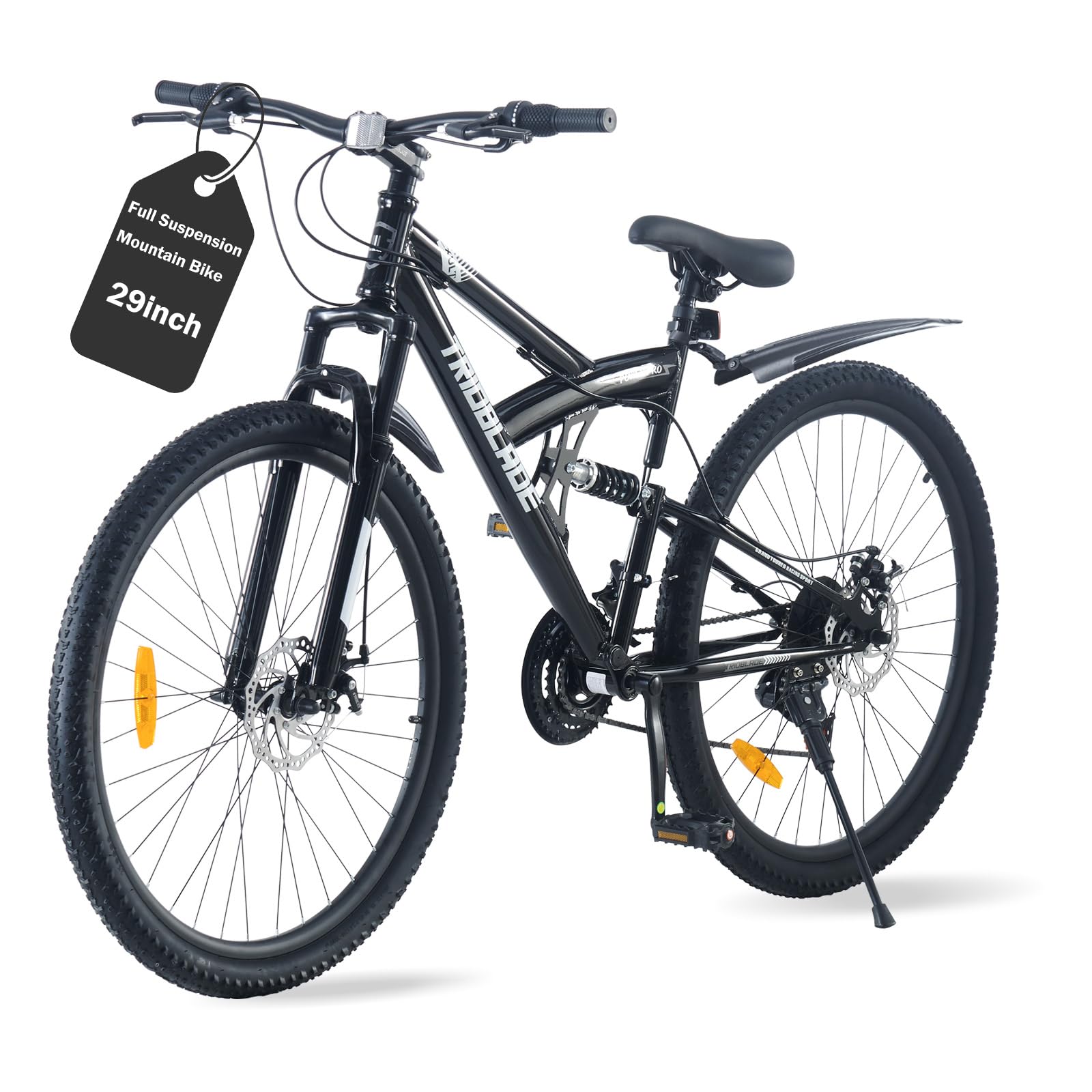 TRIOBLADE 24/26/27.5/29 Inch Full Suspension Mountain Bike for Adults Teens & Youth, Dual Shock MTB Dirt Bicycle, 21-Speed Gears, Mechanical Disc Brakes, High-Carbon Steel Frame(26inch,Black)