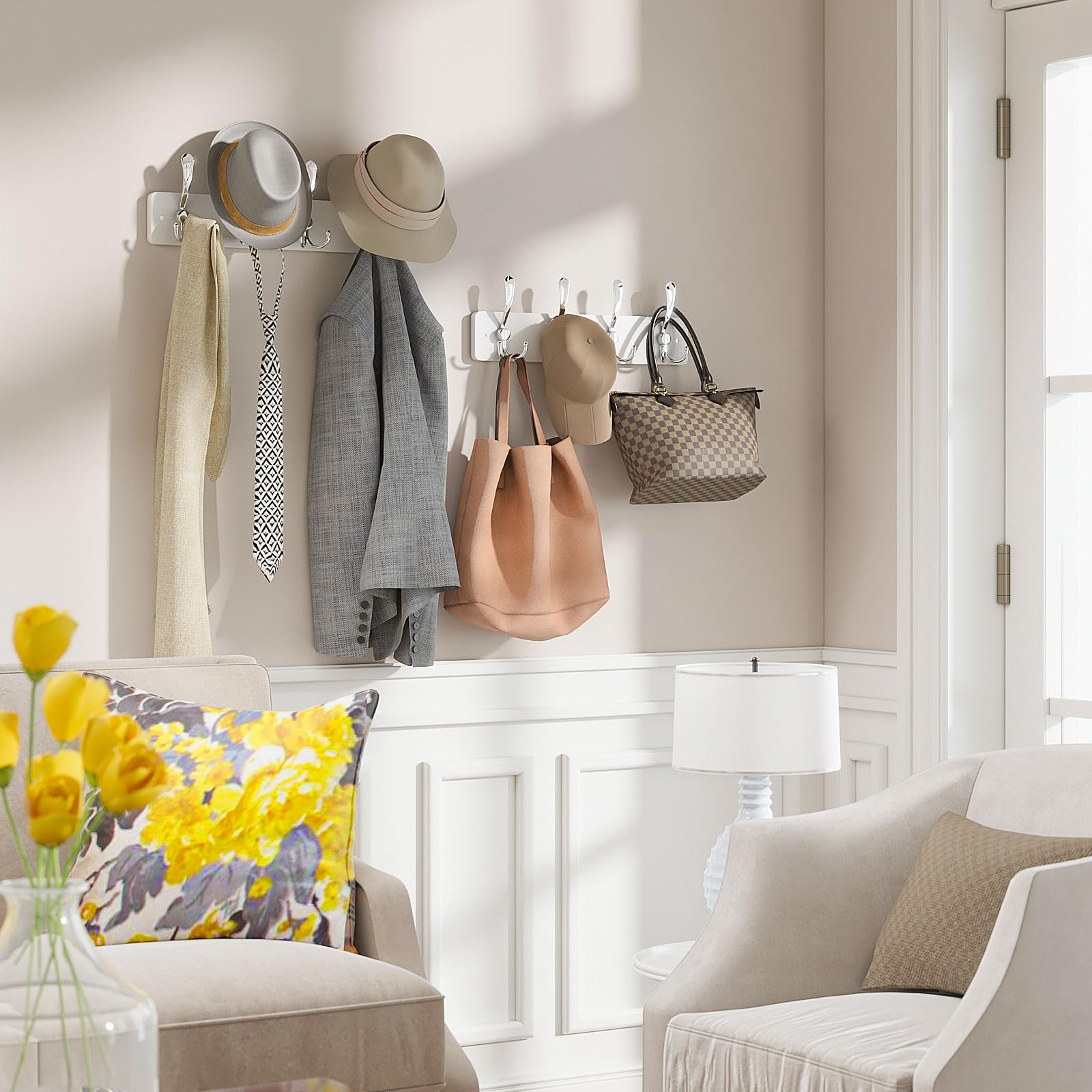 Appendiabiti Da Parete YMYNY 2 Pezzi - 4 Ganci Tripli, 84 Cm - Legno Marrone Rustico Con Cappelliera Per Ingresso E Soggiorno - Foto 7