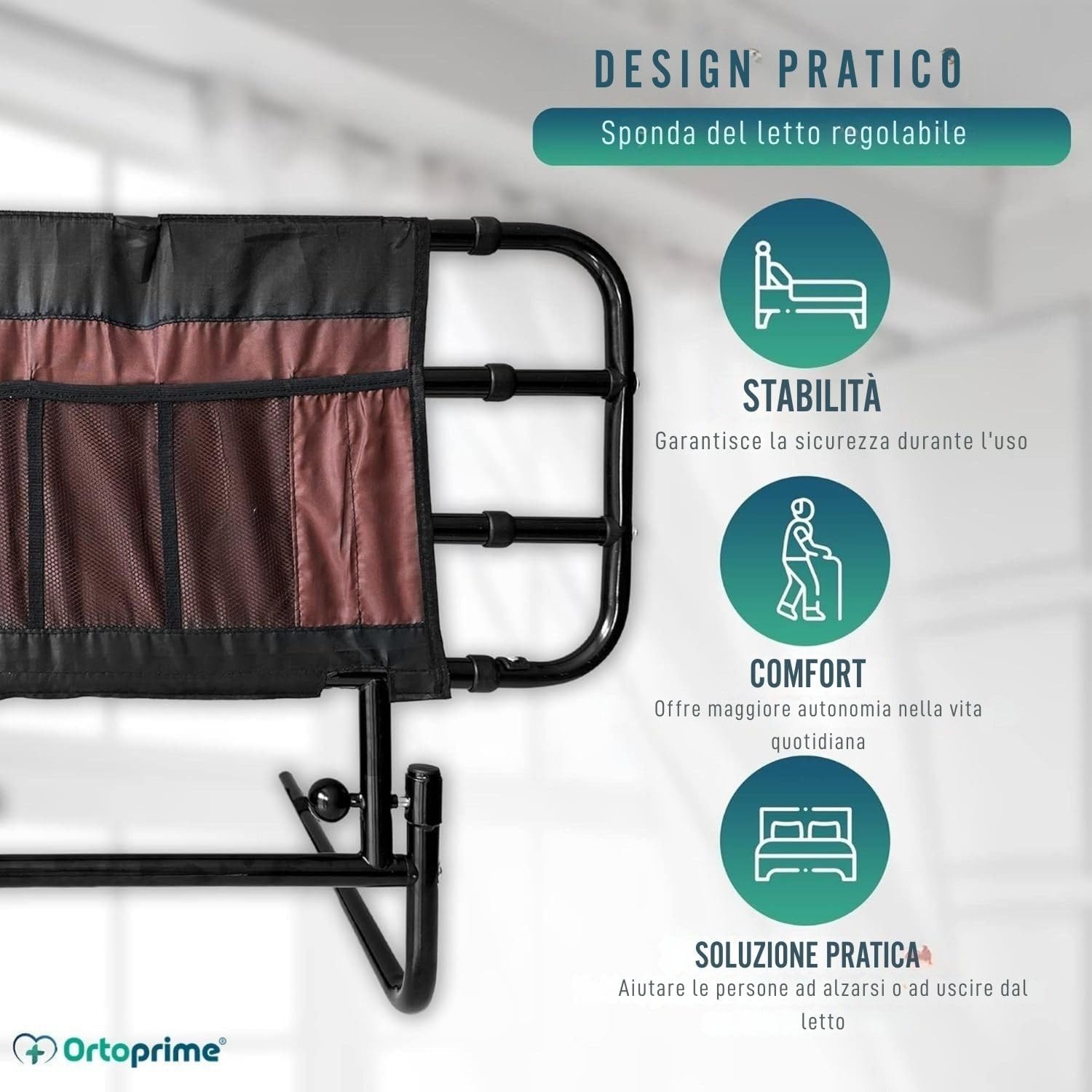 OrtoPrime Sponda Letto Anziani Anticaduta – Maniglia Assistenza Letto Regolabile – Sponde per Letto Anziani – Barriera Letto – Sbarra Letto per Alzarsi in Sicurezza