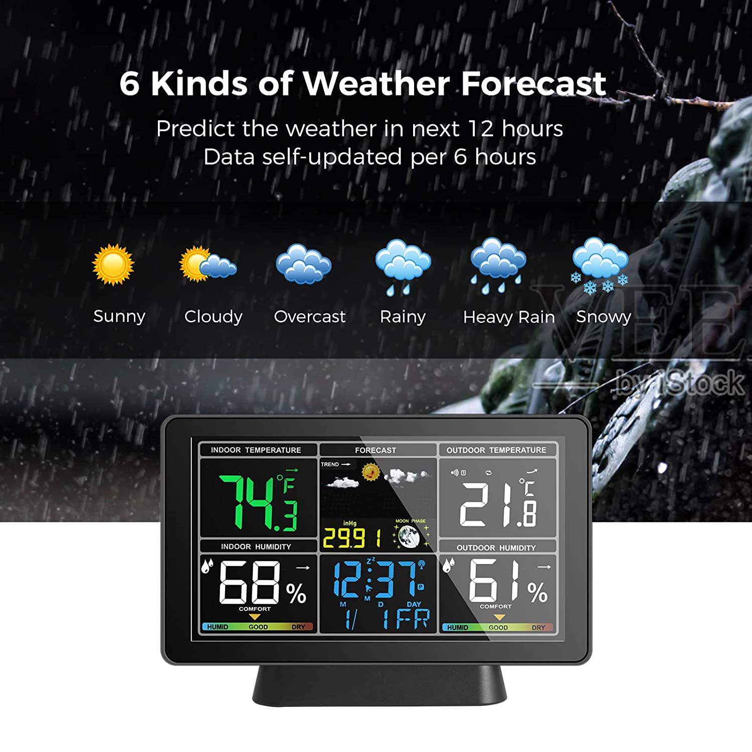 Stazione meteorologica con schermo a colori con display LCD da 7,5 pollici, termometro per interni ed esterni e misuratore di umidità con fasi lunari, pressione atmosferica e
