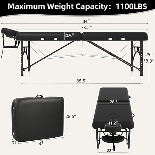 Miniatura 6 de ABET Mesa de masaje de 28 pulgadas de ancho, cama de tatuaje de spa, espuma viscoelástica, piel sintética, profesional, 2 pliegues, portátil,