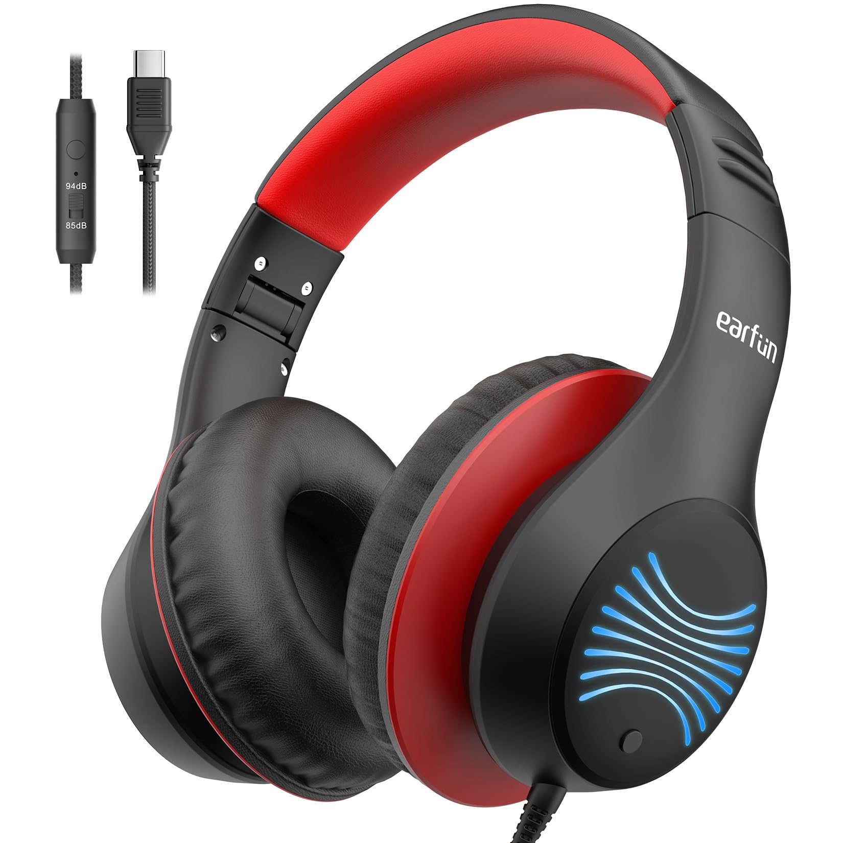 EarFun K3 Kids Headphones, USB Type C Over Ear Headphones with Microphones, 85/94dB Volume Limit, HD Stereo Sound with LED Light, Foldable Wired