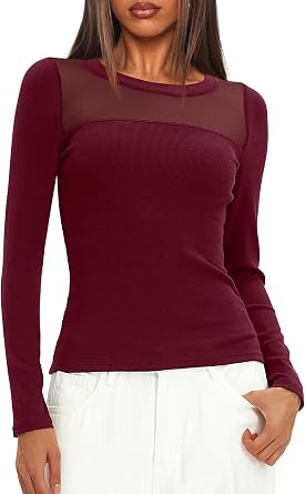 Darong Womens Long Sleeve Sexy Going Out Tshirt | Crew Neck, Slim Fit, Sexy Sheer, Mesh style, Going Out Top, Bodycon Shirt, Trendy Top