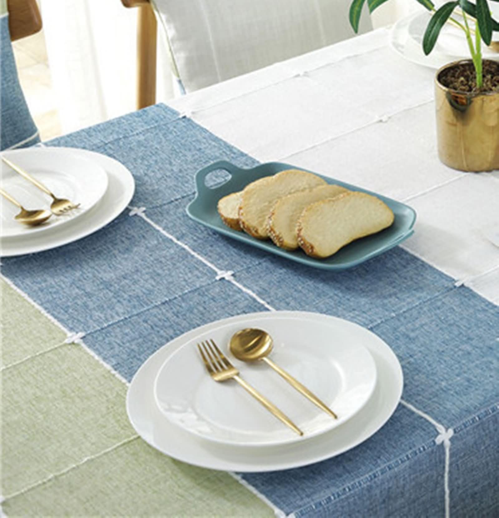 Mantel Rectangular Azul Verde Antimanchas Exterior, Cuadros con Borlas, de Poliéster Fácil de Limpiar, 140 x 200 cm, Mantel para Restaurante