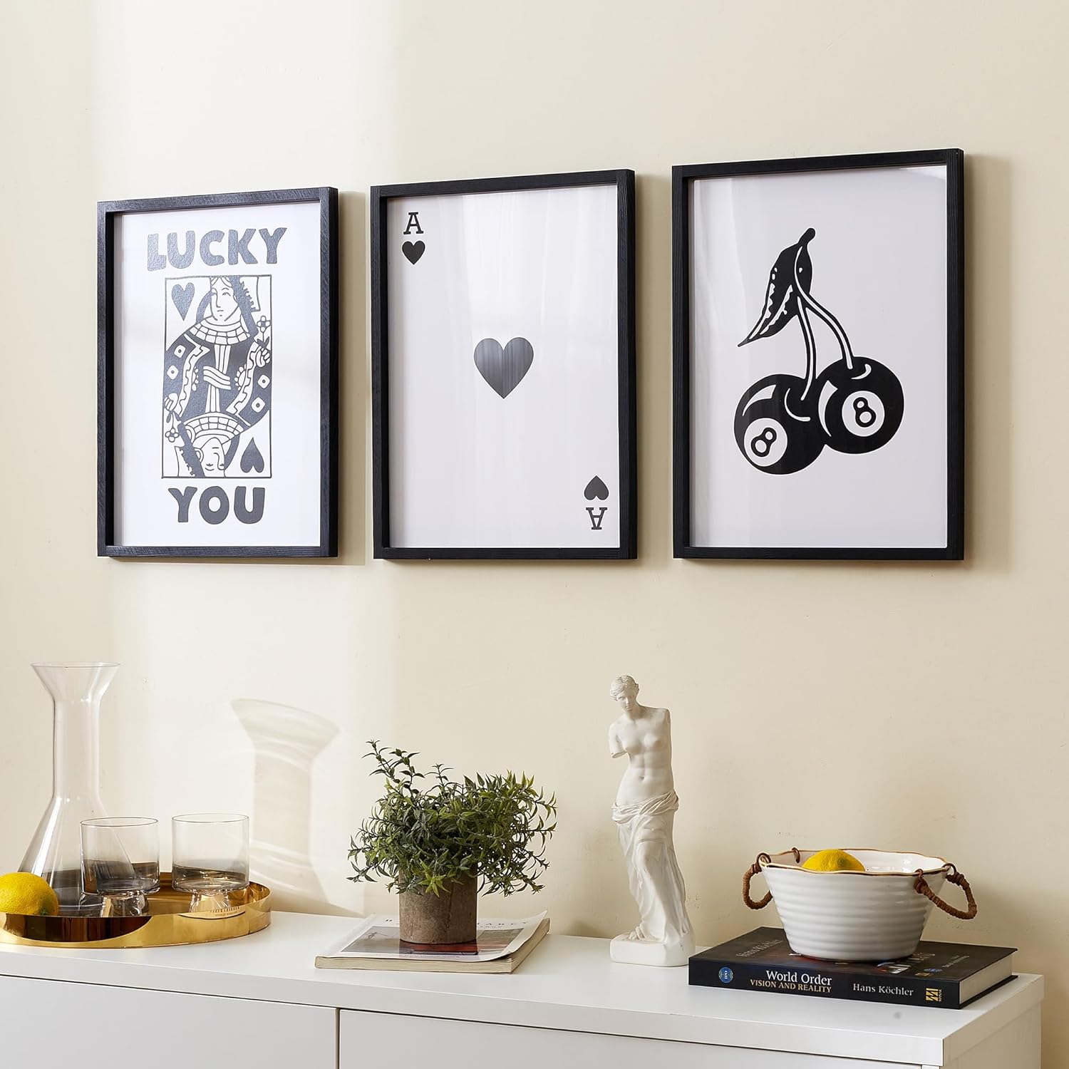 HKBS Framed Black and White Poker Wall Art Decor 12"x16", Set of 3 Trendy Retro Print Wall Decor for Living Room Bathroom Bedroom Game Room Dorm Bar