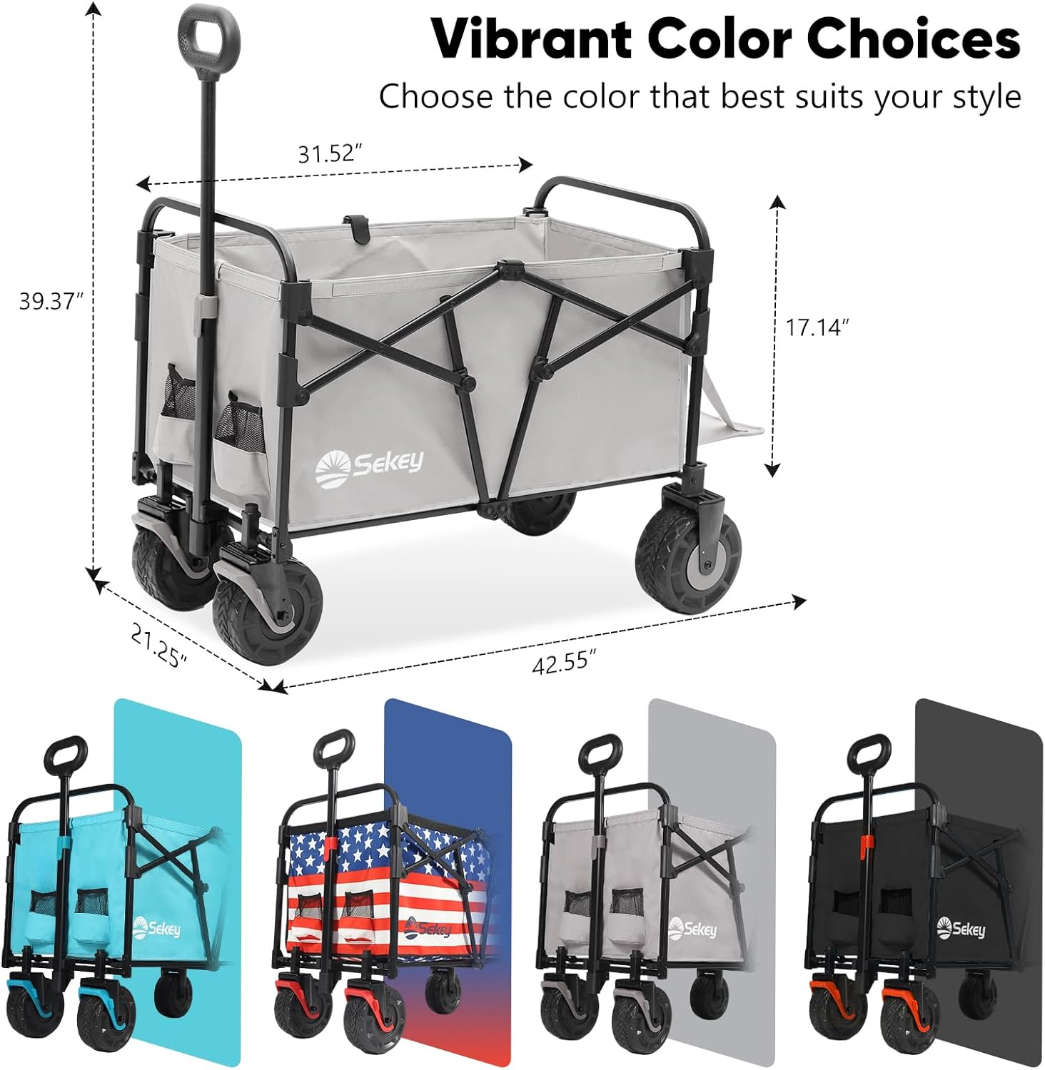 Sekey Wagon Cart with Big All-Terrain Beach Wheels, Collapsible Heavy Duty Extended Wagons with Taligate, Foldable Utility Carts for Camping, Garden, Outdoor, Grocery, Sports. Grey