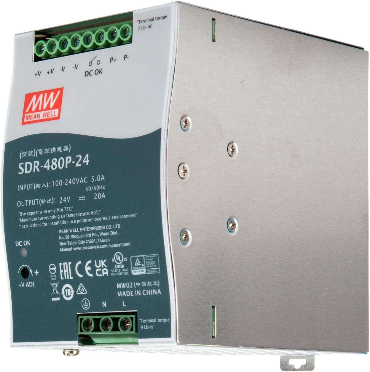 Mean Well USA SDR-480P-24 Power Supply; AC-DC; 24V@20A; 100-264V In; Enclosed; DIN Rail Mount; PFC; SDR Series