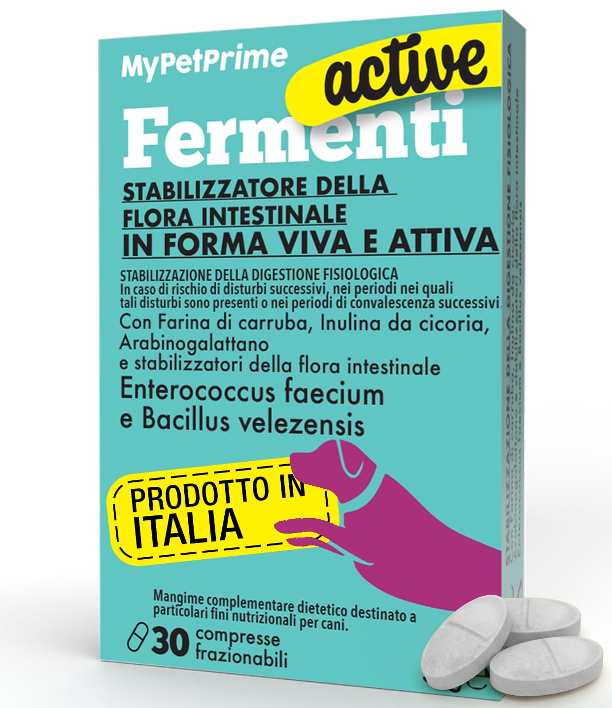 MyPetPrime Fermenti Lattici Cane ACTIVE 30 Cpr Probiotici Digestivi da 6,5 Miliardi con Inulina - Equilibrio Intestinale e Digestione, Ripristino della Flora Batterica, Riduzione di Prurito Cutaneo