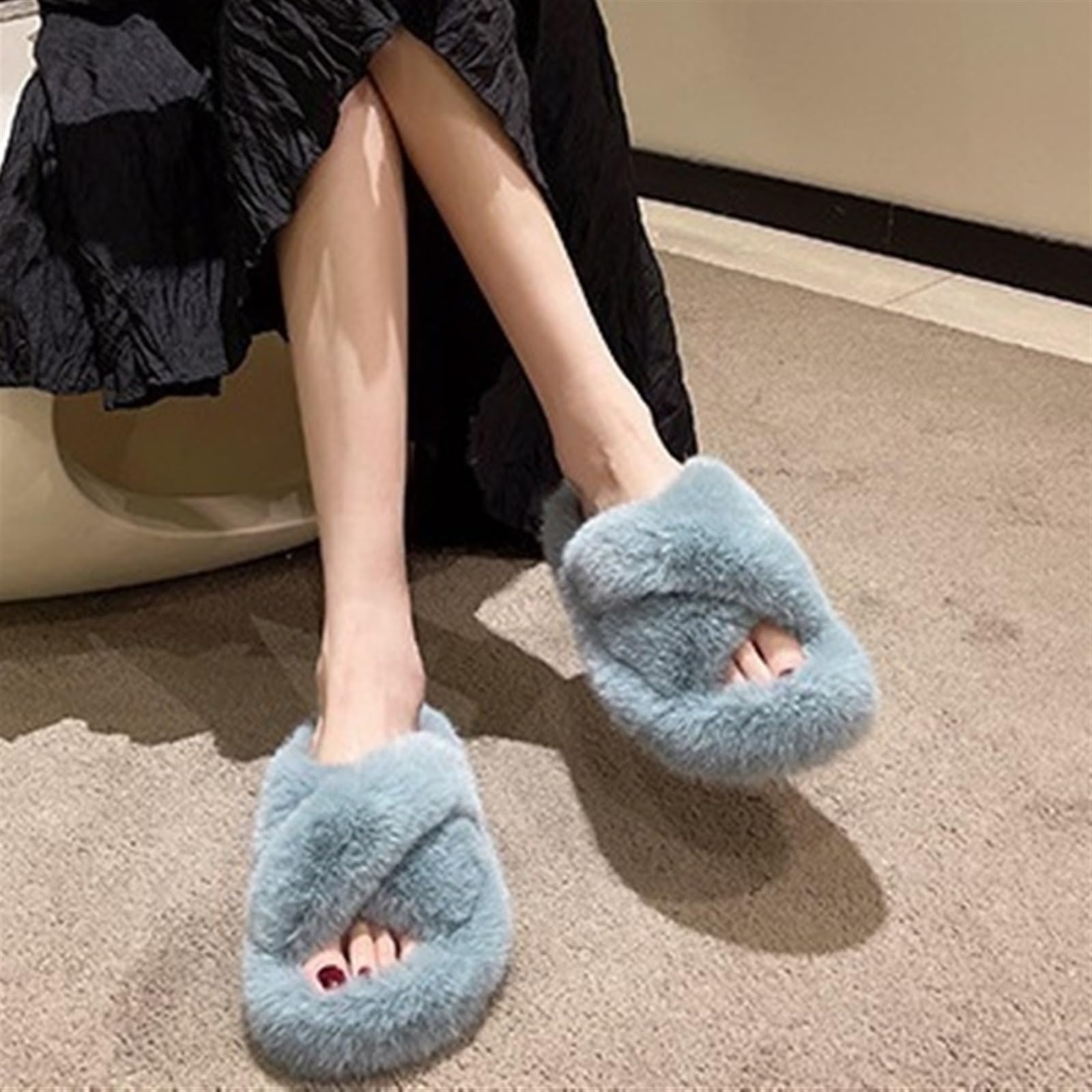 Zapatilla De Casa Para Mujer, Pantuflas De Invierno Cálidas De Piel Peluda De Felpa Para Interior, Zapatos Térmicos Para Casa Para Mujer, Chanclas Planas Peludas Con Plataforma Esponjosa / Calzado Para Mujer