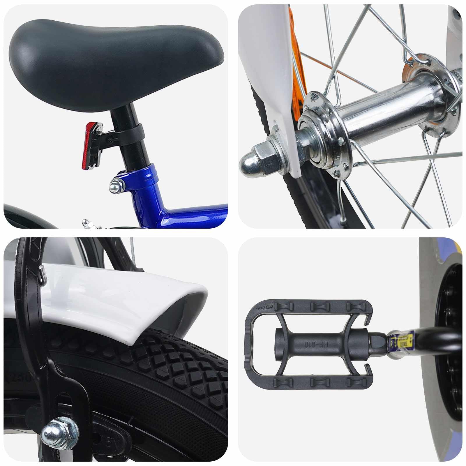 Rower dziecięcy 16 cali, dla dzieci w wieku 4-6 lat, niebiesko-biały, ze stalową ramą, regulowaną sztycą podsiodłową, hamulcem, blachą ochronną, dzwonkiem, stojakiem, odblaskami do miasta, na