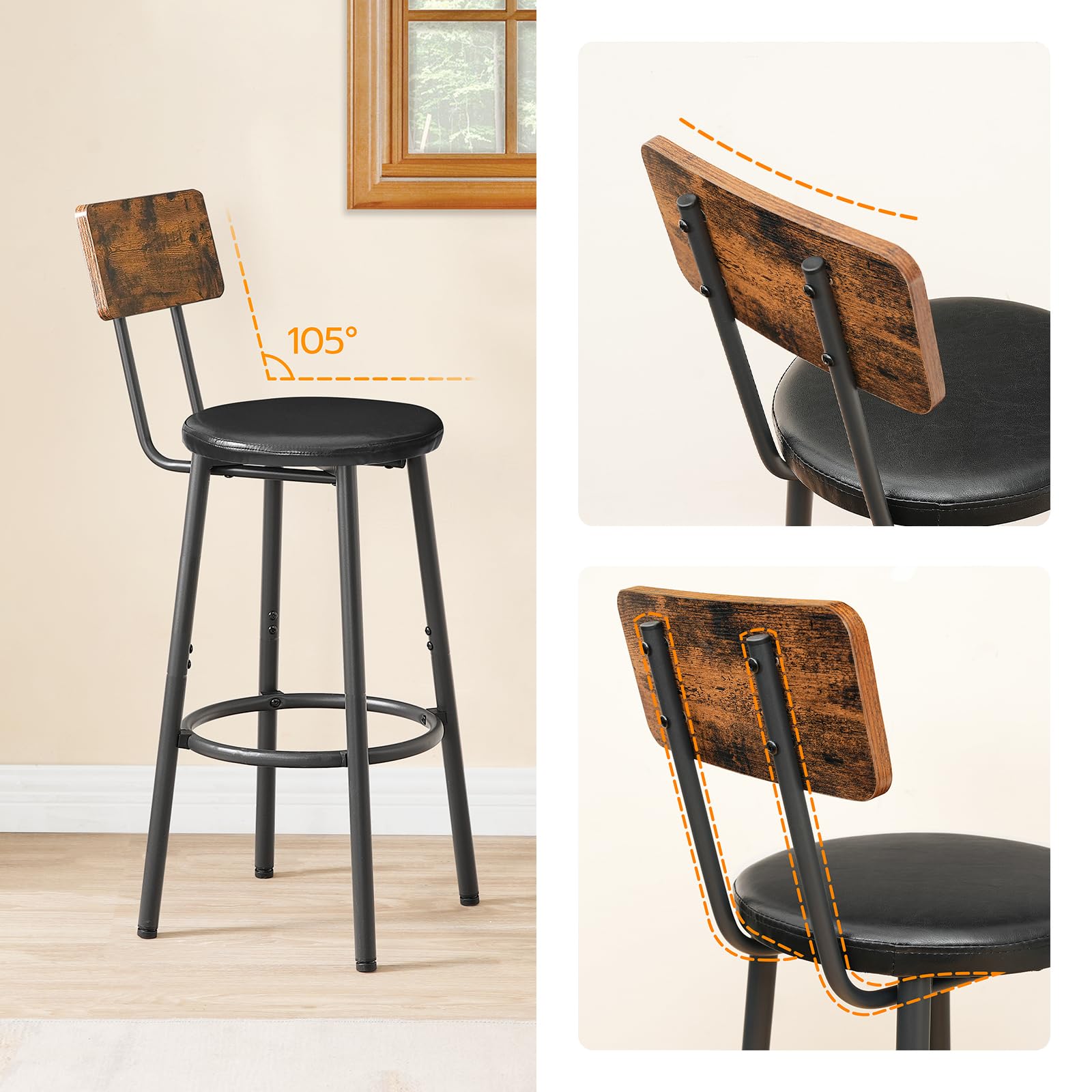 HOOBRO Lot de 2 Tabourets de Bar avec Dossier, Chaises de Bar rembourrés en PU, Chaises Hautes avec Repose-Pieds, pour Cuisine, Salon, Bar, Pieds Réglables, Marron Rustique et Noir EBF31BY01