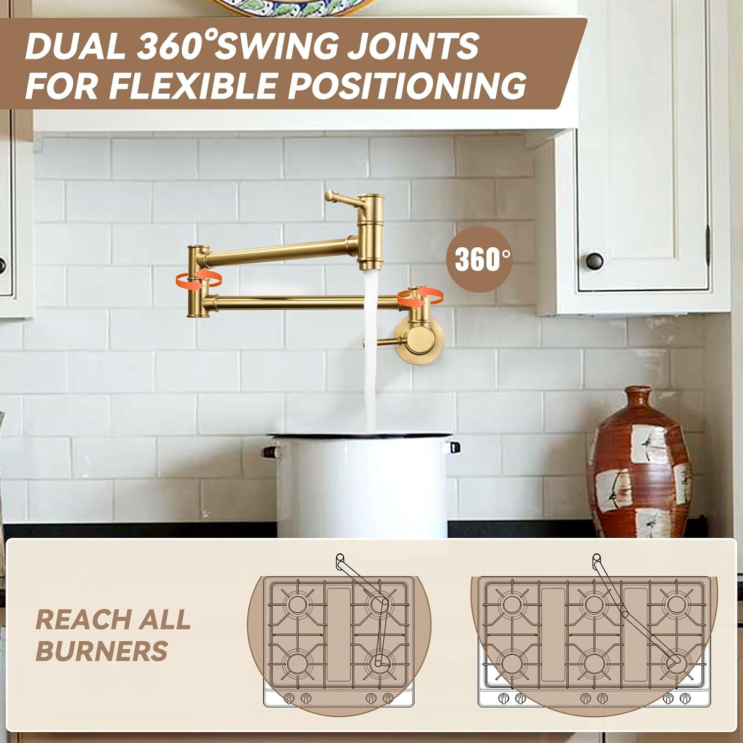 ALEASHA Brushed Gold Pot Filler Faucet, Folding Kitchen Faucet Single Hole 2 Handle Wall Mount Over Stove