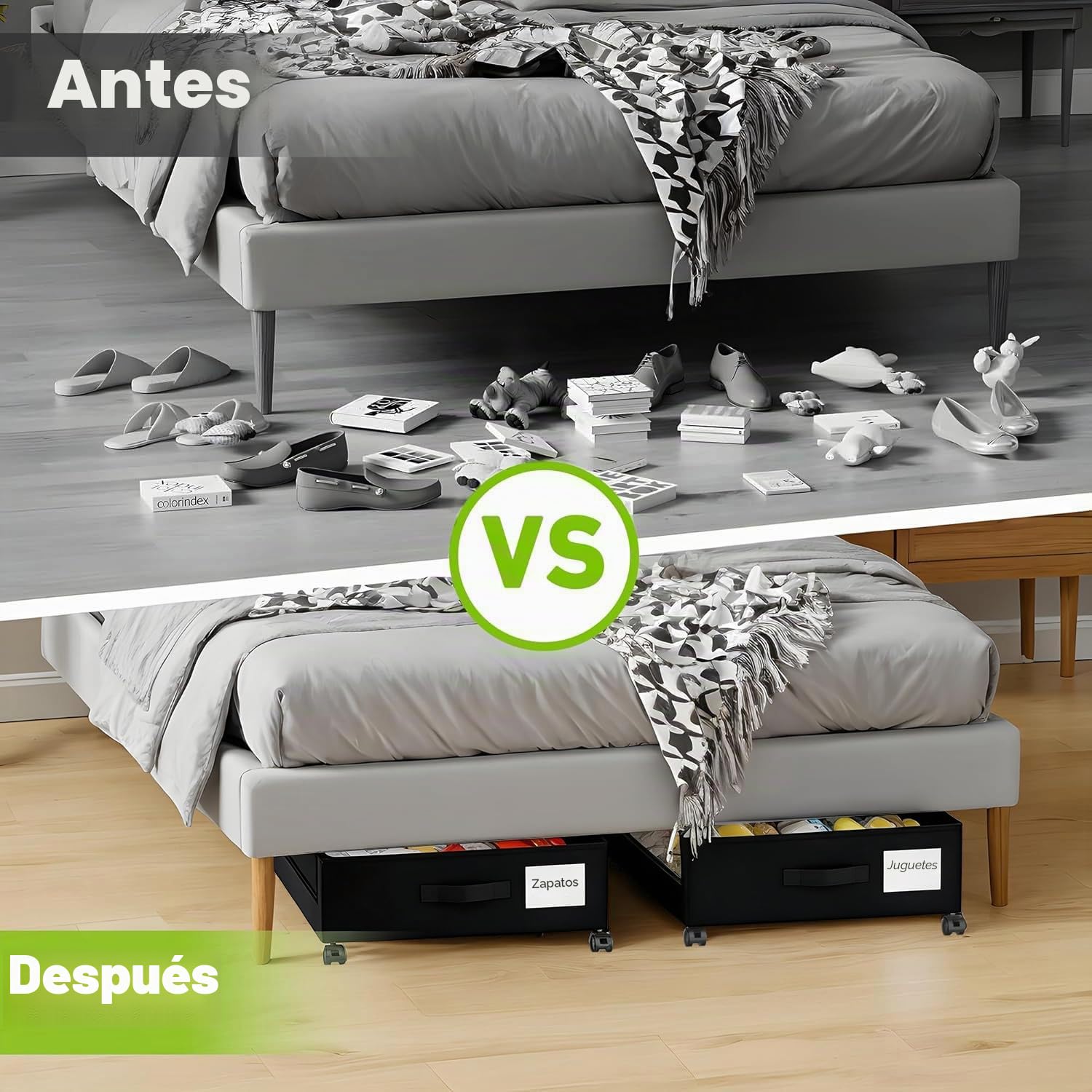 Caja de Almacenamiento Debajo de la Cama Con Ruedas y Marco Metálico,2 Piezas Versátil Organizador Ropa Para Zapatos Mantas Juguetes,Grande Capacidad,Negro,2 Piezas
