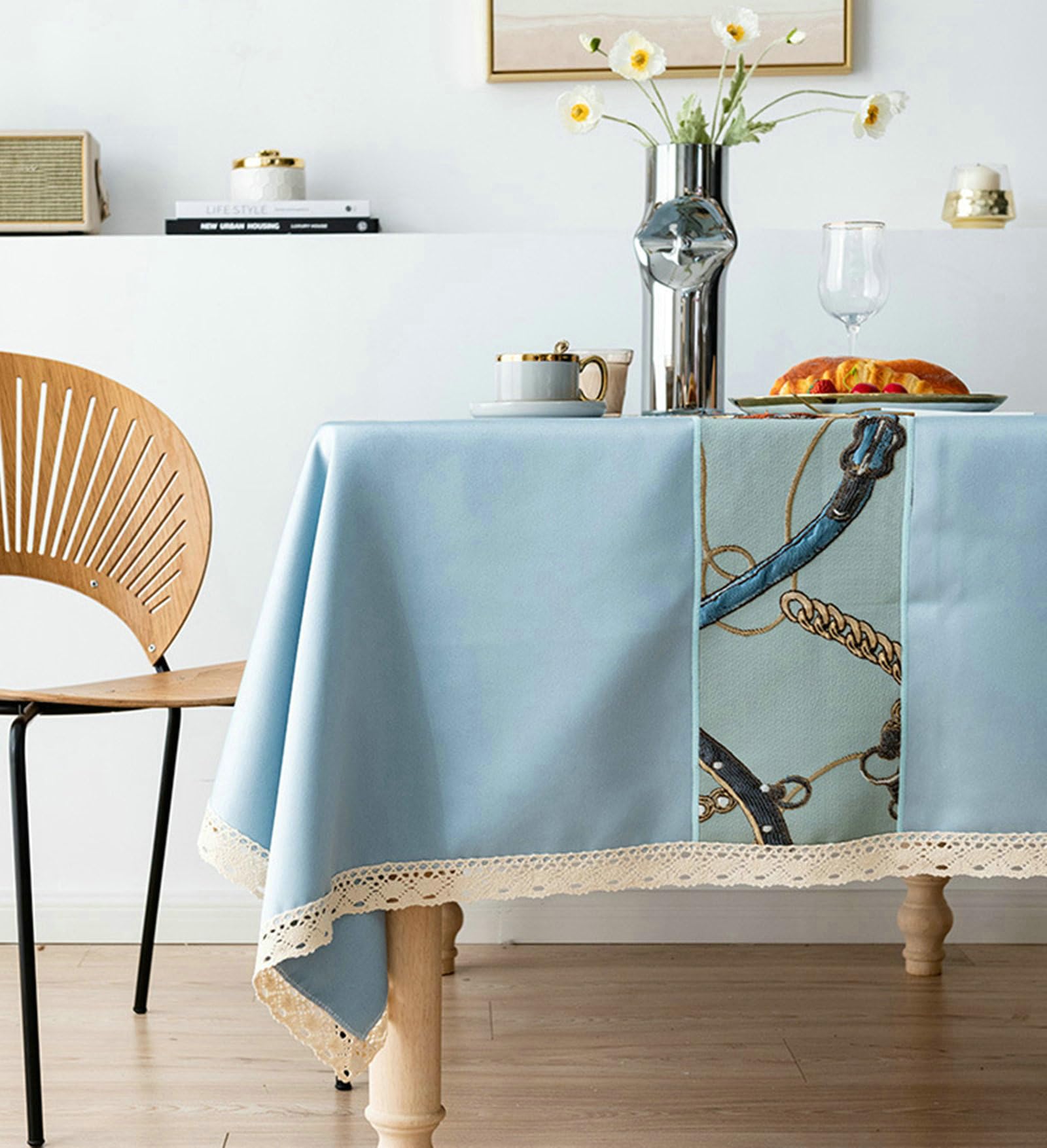 Tovaglia 150 x 200cm, Tovaglia da Cucina Antimacchia Blu Cavallo Ricamato con Bordo in Pizzo Tovaglia Rettangolare