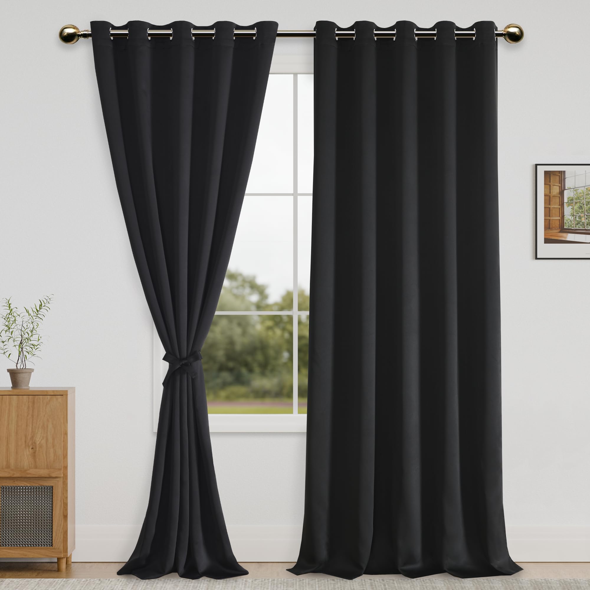 DWCN Black Blackout Curtains for Bedroom with Tiebacks - Thermal Insulated Light Blocking Grommet Window Curtains for Living Room 102 Inches Long Panels, 60 x 102 inch Length, Set of 2 Panels — image 1