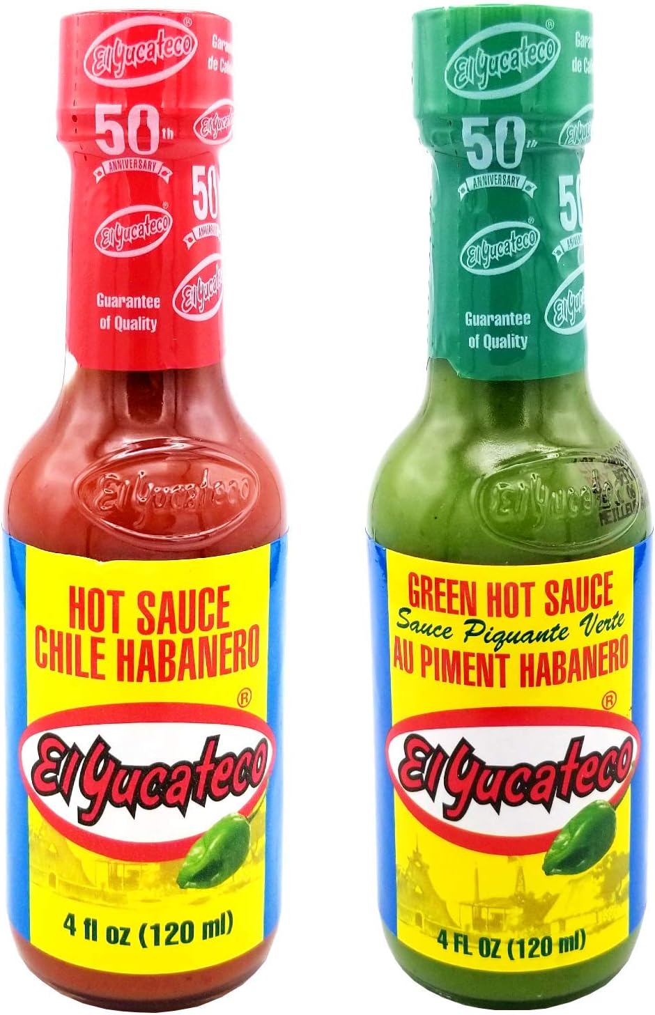 El Yucateco Mexican Hot Sauce Green and Red Habanero Hot Sauce Bottles 4oz (120ml) Bundle
