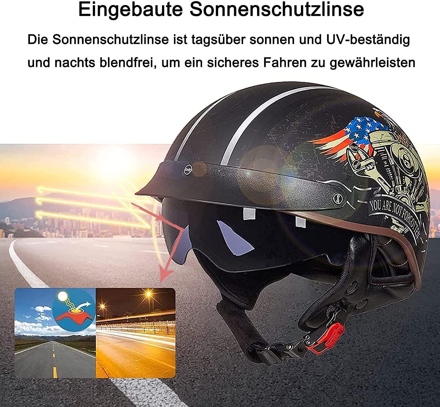Halbhelm Motorradhelm Herren Damen Retro ECE Zertifizierung Motorrad Halbschale Mofa Helm Jethelm Halbschalenhelm Jet Helmet Motorcycl Chopper Scooter Helm Sturzhelm Mit Visier,I-(2XL/63-64CM)