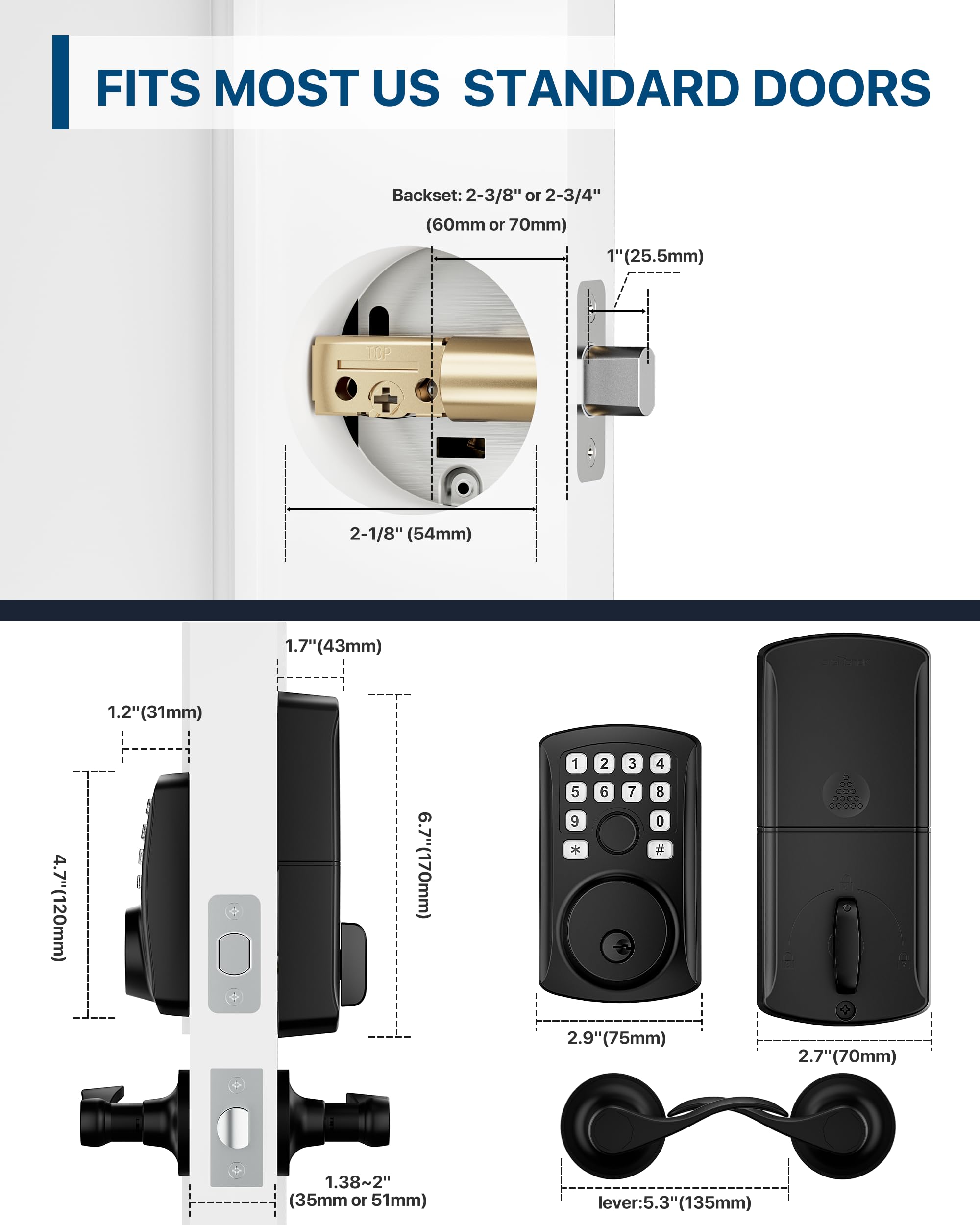 HIDALIFE Fingerprint Door Lock with 2 Door Lever Set, Keyless Entry Deadbolt with Handle Set, Keyless Entry Door Lock with Keypad, Front Digital Smart Code for Home, Apartment, Matte Black